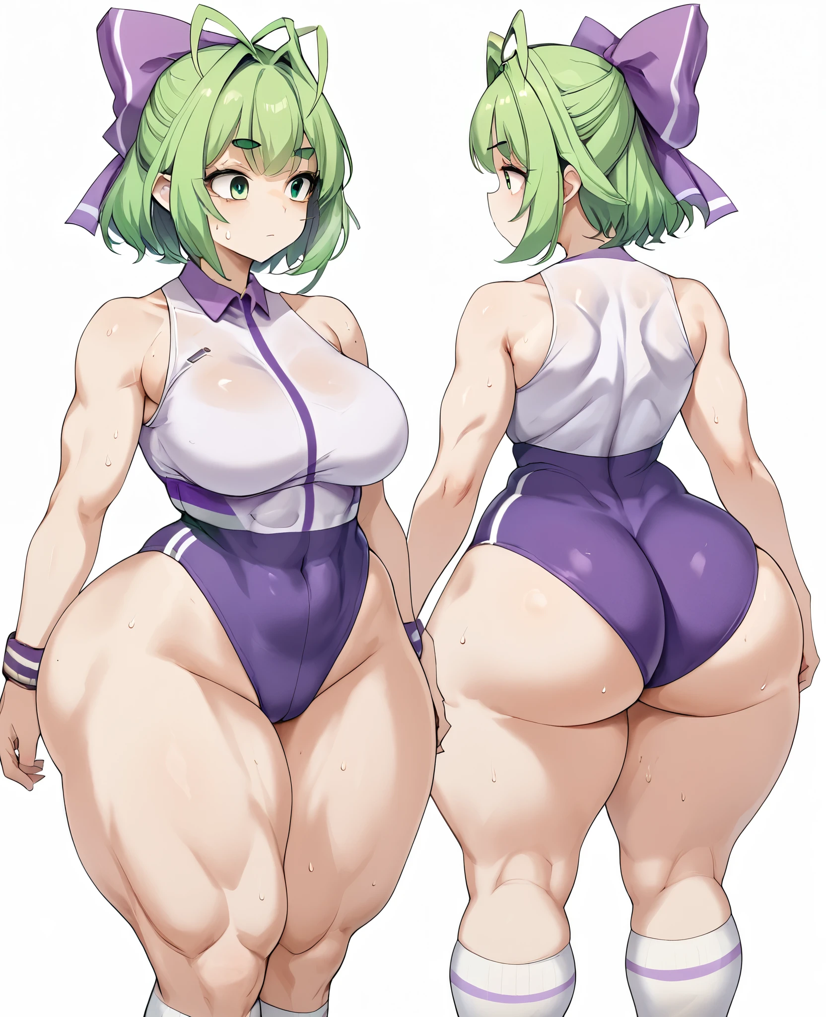 woman,Wide hips,Big Ass,Thick thighs,front,,posture,Green short hair,Green Eyes,Purple bow,White socks,Small leather shoes,Antenna Hair,Doudou Eyebrows,Hair rope,Bangs,Green Hair Bow Girl,Sleeveless suit,,Thick thighs,Huge ass,Camel horns,Sweat,sports,Wide hips,muscle,