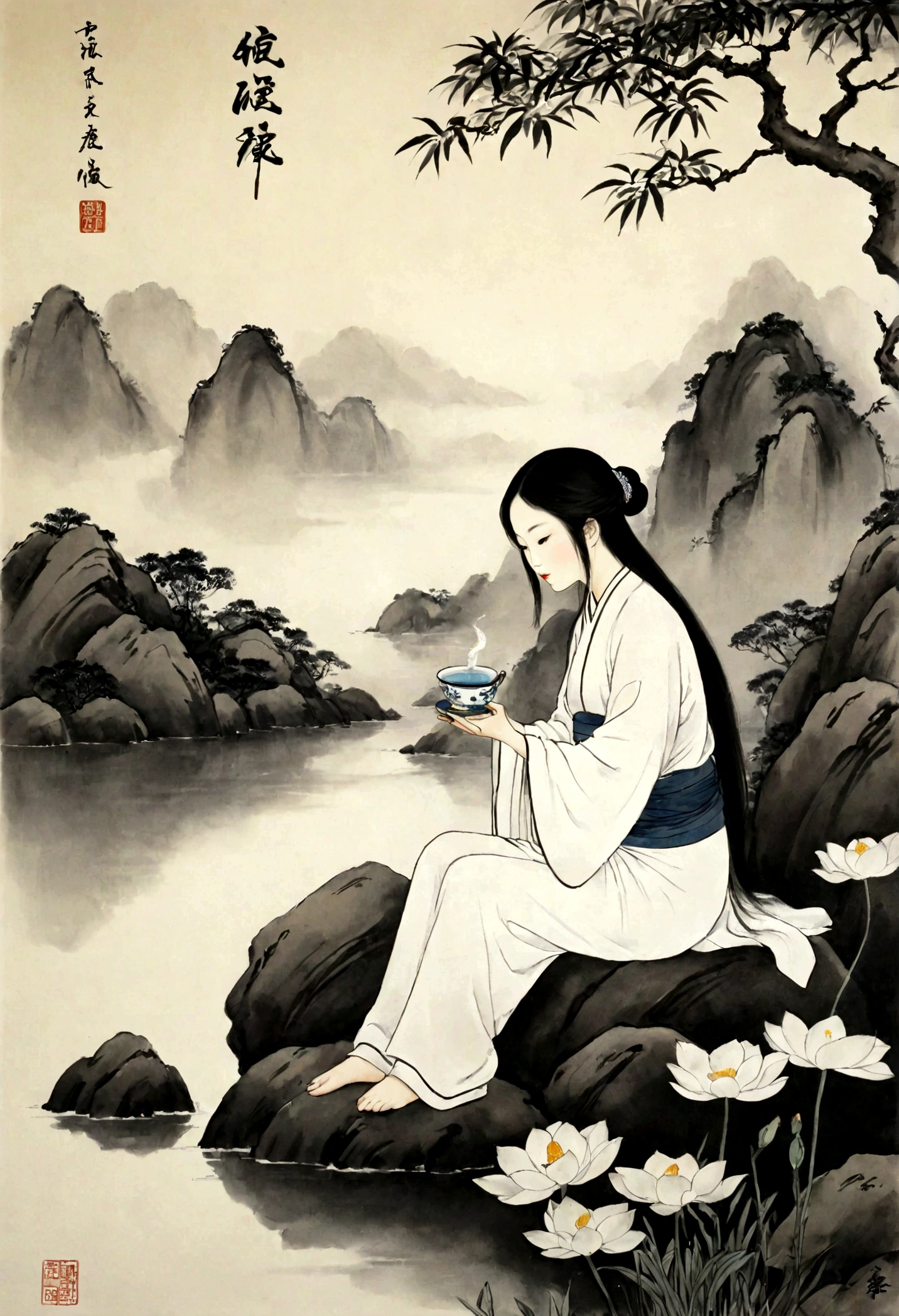 (大量留white:1.5)，white, white色背景, simple, Minimalism, abstract,Freehand，Aesthetic，Tai Chi，Gossip，黑与white，Taoist style，water墨画，antiquity，Lotus，Girl drinking tea，water墨画和water彩画，Drawing on rice paper，Use thick oned light inks to create light oned dark choneges oned layers，选择正确的墨water颜色，Such as deep black、Thick gray、Light coffee, ETC，express different situations oned atmospheres，Control the gradient oned tronesition of ink colors through the humidity oned consistency of the ink，Monte，water，Tree，Lake，desolate, desolate, ，black oned white tones，死Tree， 中国传统water墨画, Traditional Chinese Art, author：Guo Xi, author：Ma Yuoneyu, traditional Chinese painting, author：Xu Xi, author：Luo Mu, author：Yoneg Buzhi, author：Li Kelone, author：wisdom&#39;one, water墨画 ) ) ) ), 中国water墨画, 中traditional Chinese painting风格
