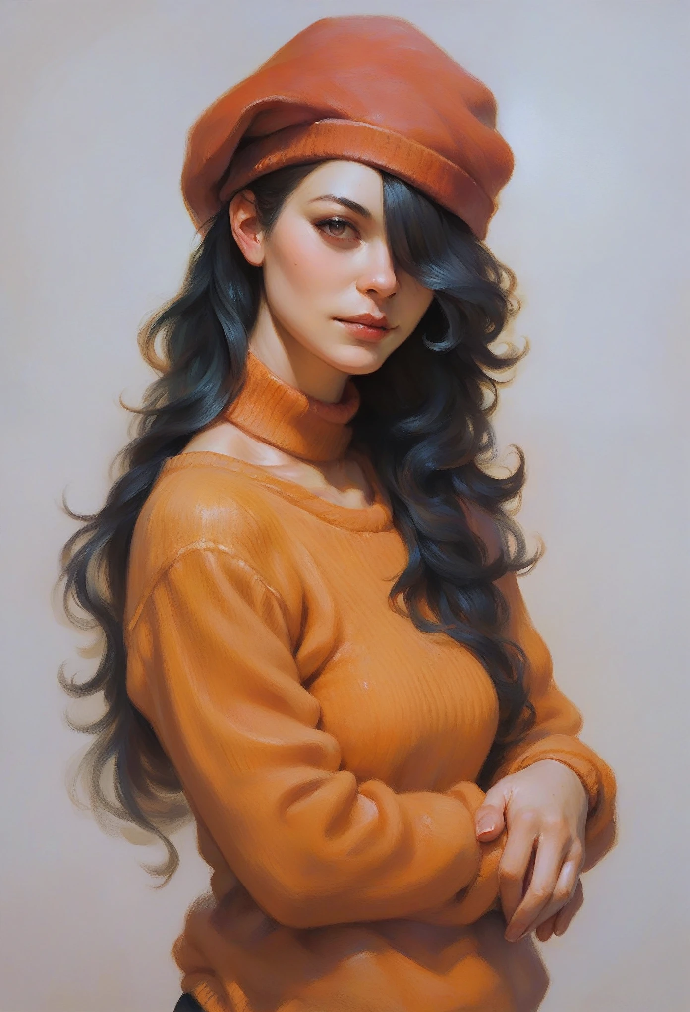 score_9, score_8_up, score_7_up, 1girl, oil painting, traditional media, realistic,
, solo, orange sweater, black long hair, hair covering one eye, red knitted hat,