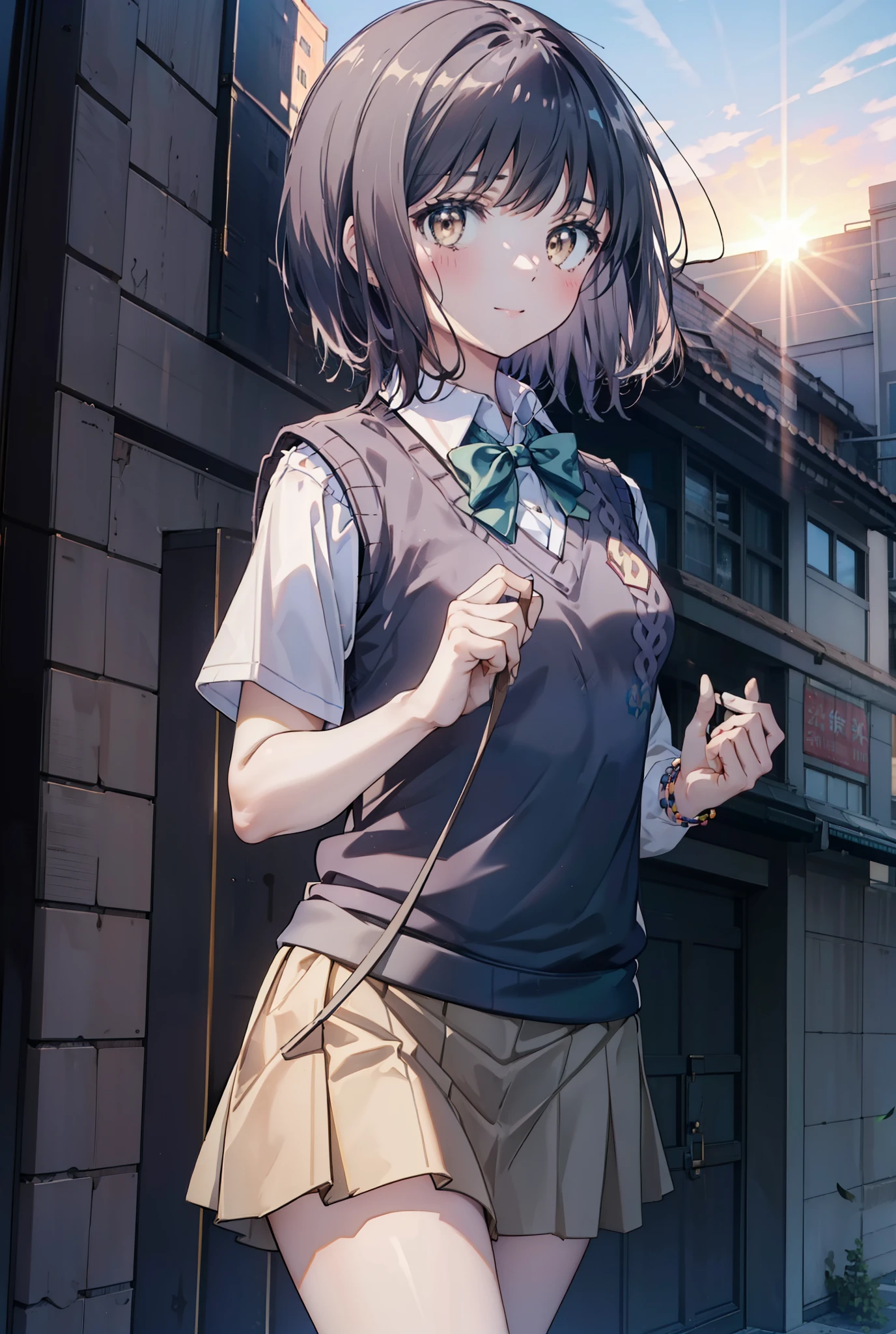 masterpiece, highest quality, Confused, Perfect Anatomy, 1 girl, alone, Itsuwa,short hair,Black Hair,Brown eyes,smile,blush,Open your mouth,Happy atmosphere,break skirt, shirt, bow, ribbon, , white shirt, Short sleeve, Pleated skirt, collared shirt, mini skirt, bowtie, 黒いloafers , Black Skirt, Black pantyhose, loafers, green bow, whole bodyがイラストに入るように, (blue sweater vest:1.5),evening,Sunset,The sun is setting,walking,break outdoors, Building district,
break looking at viewer, whole body,
break (masterpiece:1.2), highest quality, High resolution, unity 8k wallpaper, (figure:0.8), (Beautiful fine details:1.6), Highly detailed face, Perfect lighting, Highly detailed CG, (Perfect hands, Perfect Anatomy),
