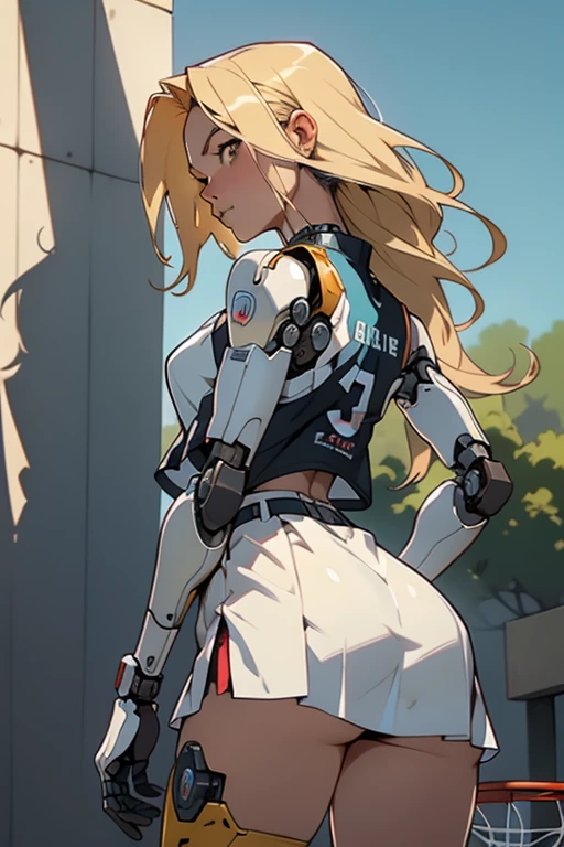 high quality, 4k, masterpiece, beautiful, cyborg girl, cowboy shot, dull eyes, back side, turning around to look at viewer, long blonde hair, girl, small breasts, fit thigh, robotic arms, robotic legs, robotic body, cyborg body, yellow accent, red accent, intricate detail, joint, detailed lines, robotic detail, 1fist on hip, color robotic parts, robotic parts with color, perfect fingers, transparent pvc pleated micro skirt, blowing in the wind.transparent pvc basketball cropped vest.in a city park with trees, sunny background, colorful desert,