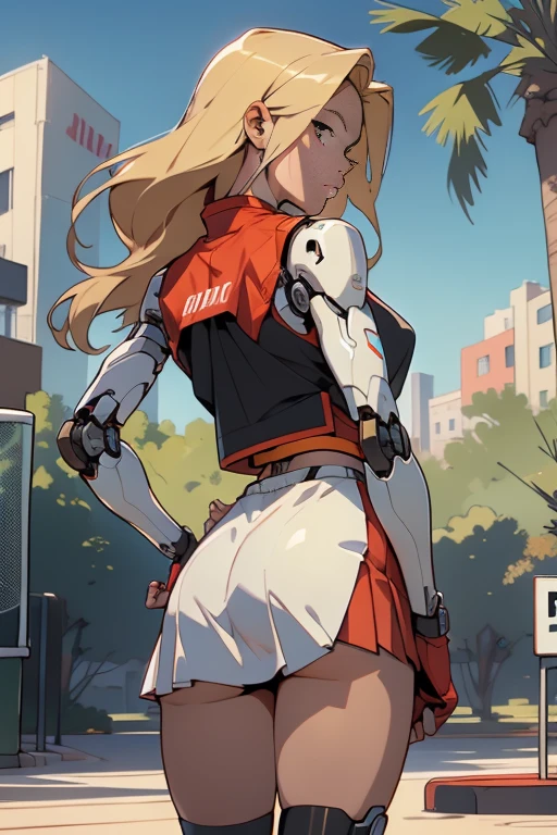 high quality, 4k, masterpiece, beautiful, cyborg girl, cowboy shot, dull eyes, back side, turning around to look at viewer, long blonde hair, girl, small breasts, fit thigh, robotic arms, robotic legs, robotic body, cyborg body, yellow accent, red accent, intricate detail, joint, detailed lines, robotic detail, 1fist on hip, color robotic parts, robotic parts with color, perfect fingers, transparent pvc pleated micro skirt, blowing in the wind.transparent pvc basketball cropped vest.in a city park with trees, sunny background, colorful desert,