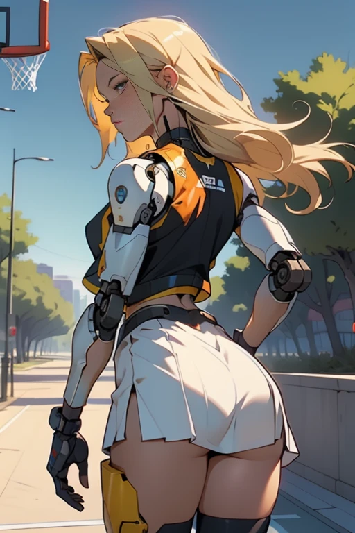 high quality, 4k, masterpiece, beautiful, cyborg girl, cowboy shot, dull eyes, back side, turning around to look at viewer, long blonde hair, girl, small breasts, fit thigh, robotic arms, robotic legs, robotic body, cyborg body, yellow accent, red accent, intricate detail, joint, detailed lines, robotic detail, 1fist on hip, color robotic parts, robotic parts with color, perfect fingers, transparent pvc pleated micro skirt, blowing in the wind.transparent pvc basketball cropped vest.in a city park with trees, sunny background, colorful desert,