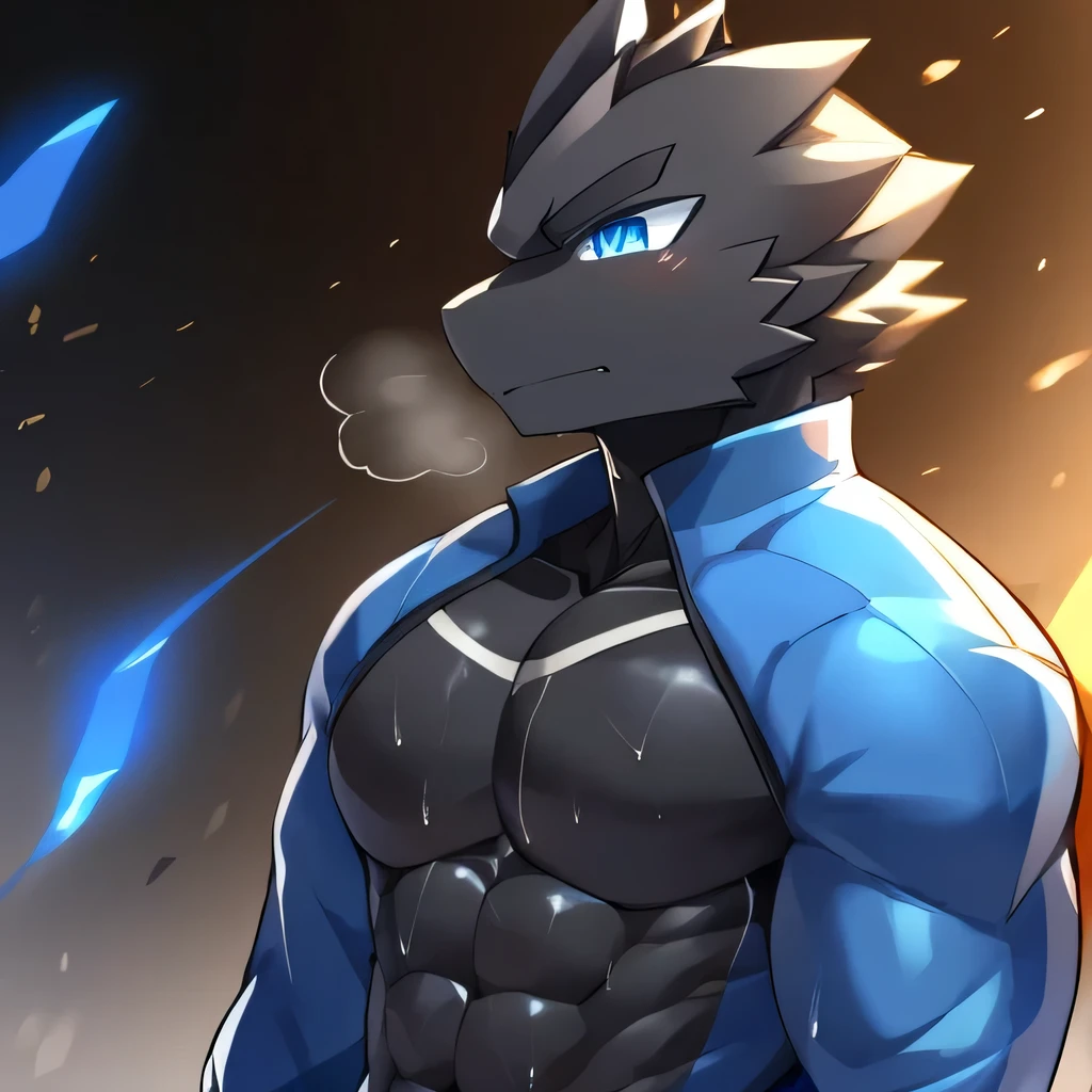 Thin macho　western black dragon　　abs　　　　　Hollow abs　　body suit　　thick arms　　　chest rig　　　、sweaty　　　skin glow　　profile　　Wearily　short of breath　　  　Chemo shota　　
have a 　blue eyes　Tired look　Glowing abs　Deep abdominals jacket　profile
