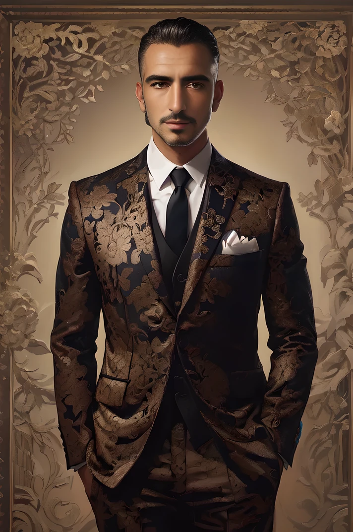 Arabian man in suit and tie standing in front of a wall, Complicated Suit, Wearing a glamorous suit, Luxury Suits, Focus on Art Nouveau, Elegant suits, a stylish suit, Masculine appeal High fashion, gold suit, Modern maximalist suit, Three-piece suit, Glamorous costumes, Glamorous clothing, Wearing a worn-out brown suit