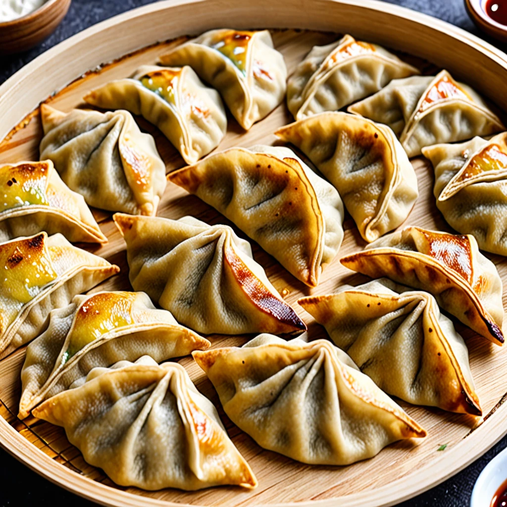 ((One side is brown and discoloured)).((Baked dumplings)),((crescent shaped gyoza:1.u can see the minced meat inside through the dough..))、These dumplings are made from wheat flour dough rolled out thinly and shaped into semicircular shapes..、