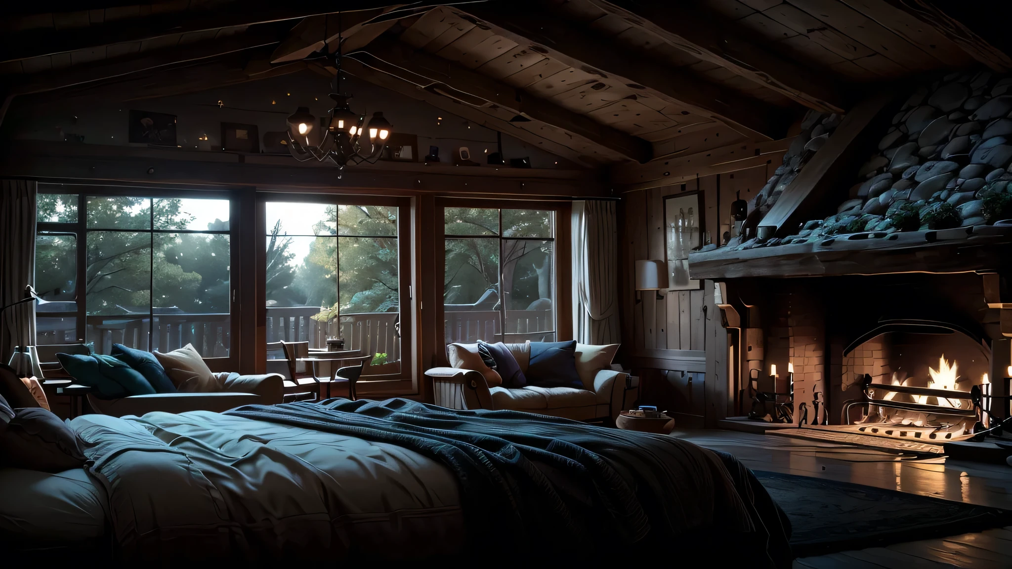 Bedroom with fireplace,There is a big bed in front of the window, comfortable and calm, cozy place, comfortable environment, comfortable environment, Comfortable and peaceful atmosphere, Comfortable atmosphere, Comfortable room, Comfortable wallpaper, Very comfortable, Warm interior, cozy atmosphere, Melancholy morning light, Comfortable atmosphere, Soothing and comfortable scenery, epic natural light, Comfortable atmosphere