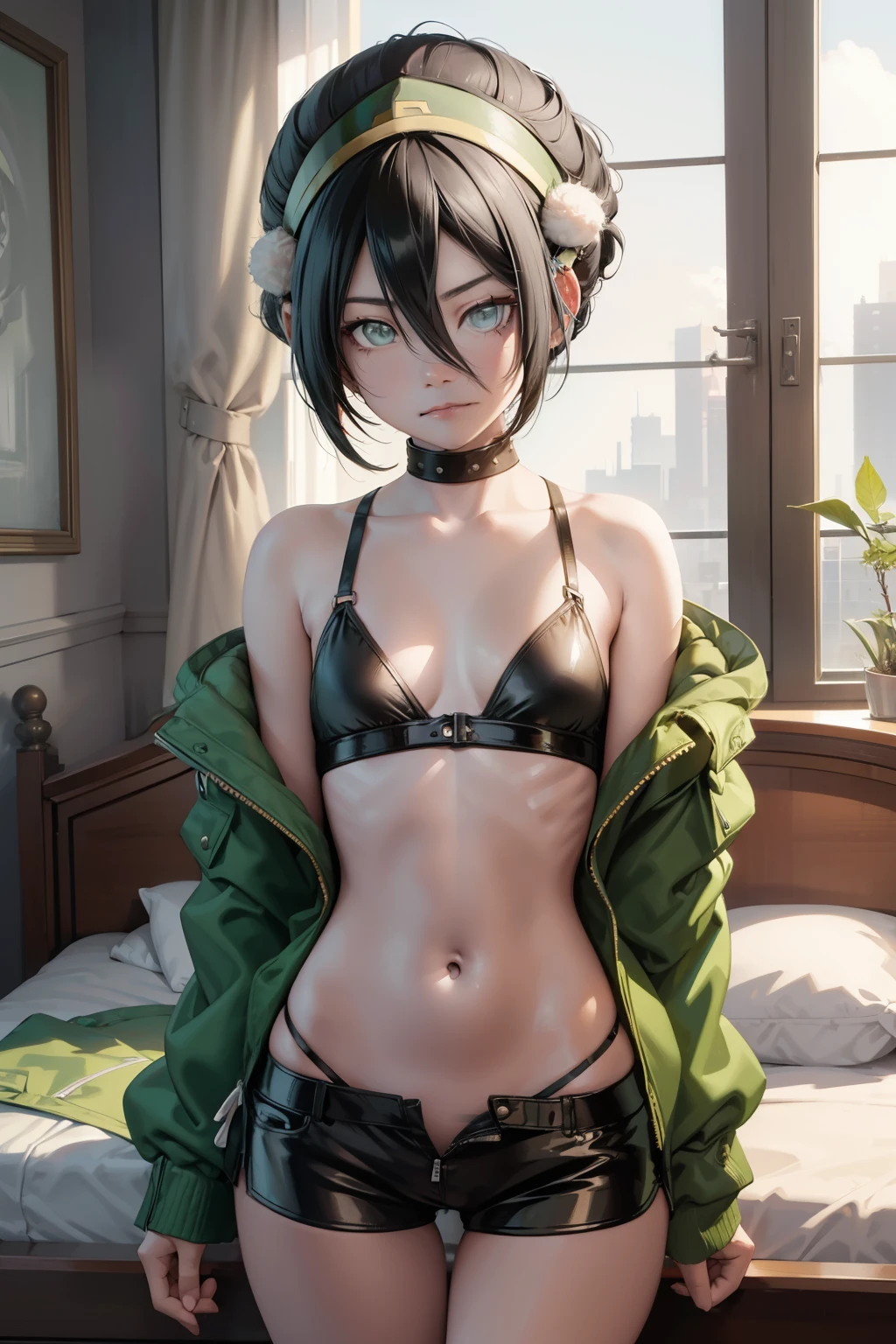 Toph beifong  ,1girl , anime , masterpiece  , Black hair,green jaqueta aberta open clothes ,toph beifong , disappointed face , solo, **** body, gren jacket, open clothes, bra , flat chest ,shorts , looking at viewer , bedroom . Uterus tattoo 