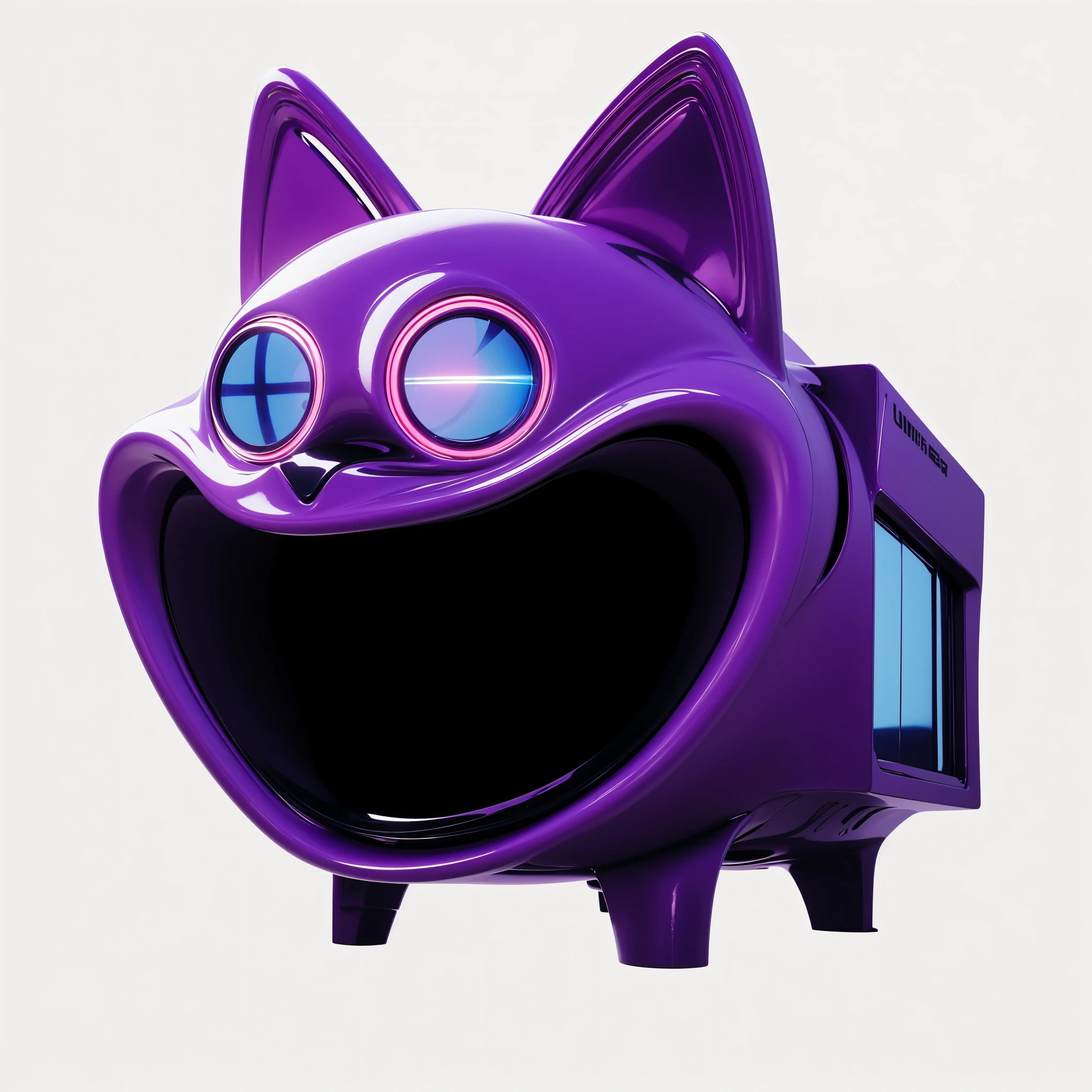A 3D, glossy model of a purple cat head with an angry expression. The lighting is realistic, soft, and non-contrasting, creating a slightly blurred effect. The overall atmosphere is smooth and polished, enhancing the shiny texture of the cat's surface and giving it a lifelike appearance. cartoon key frame rendering, cute 3D rendering, Shiny metallic,Create ultra sharp  цветной рендеринг zbrush. perfect cgi, cgi art created only with gradients, smooth silhouette, Create ultra sharp skin, high intensity refraction, (plastic material), most beautiful vfx, blue background, plastic refractions, glossy texture, smooth 3d model, multiple light sources, rim light, sharp post effects render, (glossy plastic texture with multiple big light probe refractions), perfect cgi, cgi art created only with gradients, smooth silhouette, high intensity refraction, (plastic material), most beautiful vfx, blue background, plastic refractions Create ultra sharp