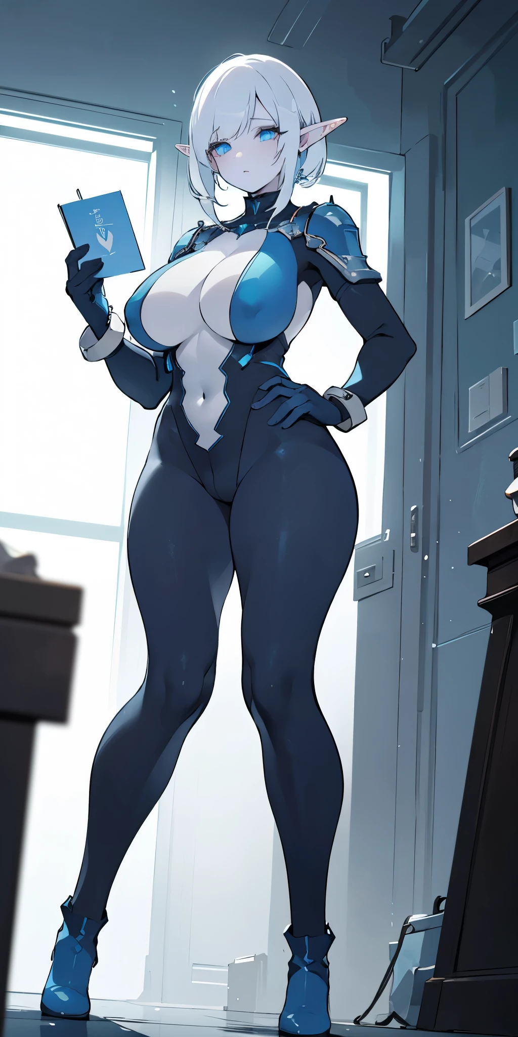 (masterpiece:1.2) (best quality:1.2) (Full body view from below) perfect eyes, perfect face, perfect lighting, 1girlMILF mature drow elf blue skin color, white hair, blue ayes, pointy ears, hyper realistic, Ultra detail, high res, blue bodysuit, blue gloves, bracelet, blue boots, extremely detailed, highly quality, 4k, sharp focus, professional, sharp focus, award winning, cinematic lighting, octane render, unreal engine, volumetrics dtx, Wallpaper