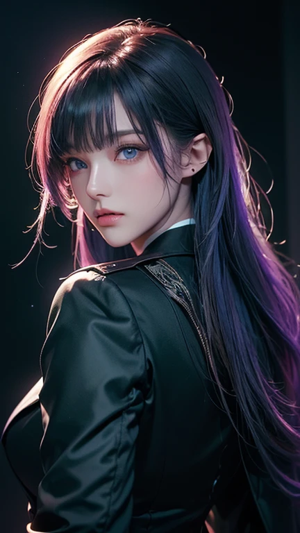masterpiece, highest quality, Very detailed, To the camera, 複雑に詳細なVery detailed, Realistic, Sharp features, Very detailed, Sharp focus, Perfect Face, Perfect Face, Perfect symmetry and perfect eyes, Perfect Plump Lips, Flexible female form, Cinematic, Film Light, Very detailed, hyper Realistic, masterpiece, Atmospheric, High resolution, Vibrant, Dynamic Studio Lighting, ((Dark Background)), The expression when enduring pleasure, Straight bangs, 、blue eyes、Dark purple business jacket、shirt、(Red tie)、Exposed thighs、(Green Hair 1.5)、Back view
