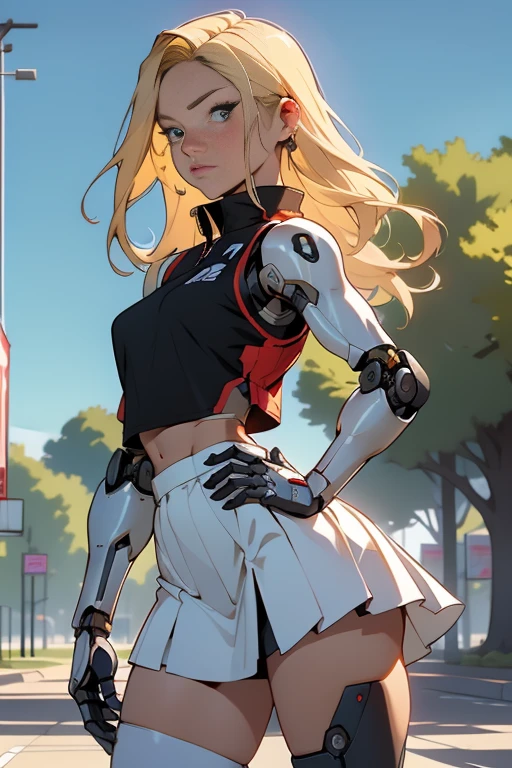 high quality, 4k, masterpiece, beautiful, cyborg girl, cowboy shot, dull eyes, side on , turning around to look at viewer, long blonde hair, girl, small breasts, fit thigh, robotic arms, robotic legs, robotic body, cyborg body, yellow accent, red accent, intricate detail, joint, detailed lines, robotic detail, 1fist on hip, color robotic parts, robotic parts with color, perfect fingers, transparent pvc pleated micro skirt, blowing in the wind.transparent pvc basketball cropped vest.in a city park with trees, sunny background, colorful desert,