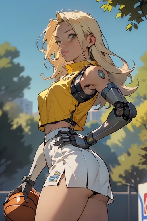 high quality, 4k, masterpiece, beautiful, cyborg girl, cowboy shot, dull eyes, side on , turning around to look at viewer, long blonde hair, girl, small breasts, fit thigh, robotic arms, robotic legs, robotic body, cyborg body, yellow accent, red accent, intricate detail, joint, detailed lines, robotic detail, 1fist on hip, color robotic parts, robotic parts with color, perfect fingers, transparent pvc pleated micro skirt, blowing in the wind.transparent pvc basketball cropped vest.in a city park with trees, sunny background, colorful desert,
