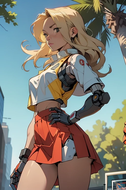 high quality, 4k, masterpiece, beautiful, cyborg girl, cowboy shot, dull eyes,  side on , turning around to look at viewer, long blonde hair, girl, small breasts, fit thigh, robotic arms, robotic legs, robotic body, cyborg body, yellow accent, red accent, intricate detail, joint, detailed lines, robotic detail, 1fist on hip, color robotic parts, robotic parts with color, perfect fingers, transparent pvc pleated micro skirt, blowing in the wind.transparent pvc basketball cropped vest.in a city park with trees, sunny background, colorful desert,