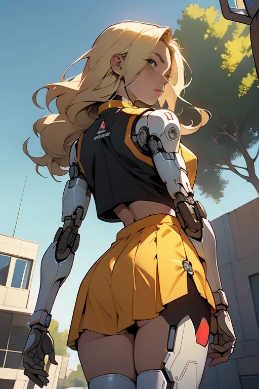 high quality, 4k, masterpiece, beautiful, cyborg girl, cowboy shot, dull eyes, side on , turning around to look at viewer, long blonde hair, girl, small breasts, fit thigh, robotic arms, robotic legs, robotic body, cyborg body, yellow accent, red accent, intricate detail, joint, detailed lines, robotic detail, 1fist on hip, color robotic parts, robotic parts with color, perfect fingers, transparent pvc pleated micro skirt, blowing in the wind.transparent pvc basketball cropped vest.in a city park with trees, sunny background, colorful desert,