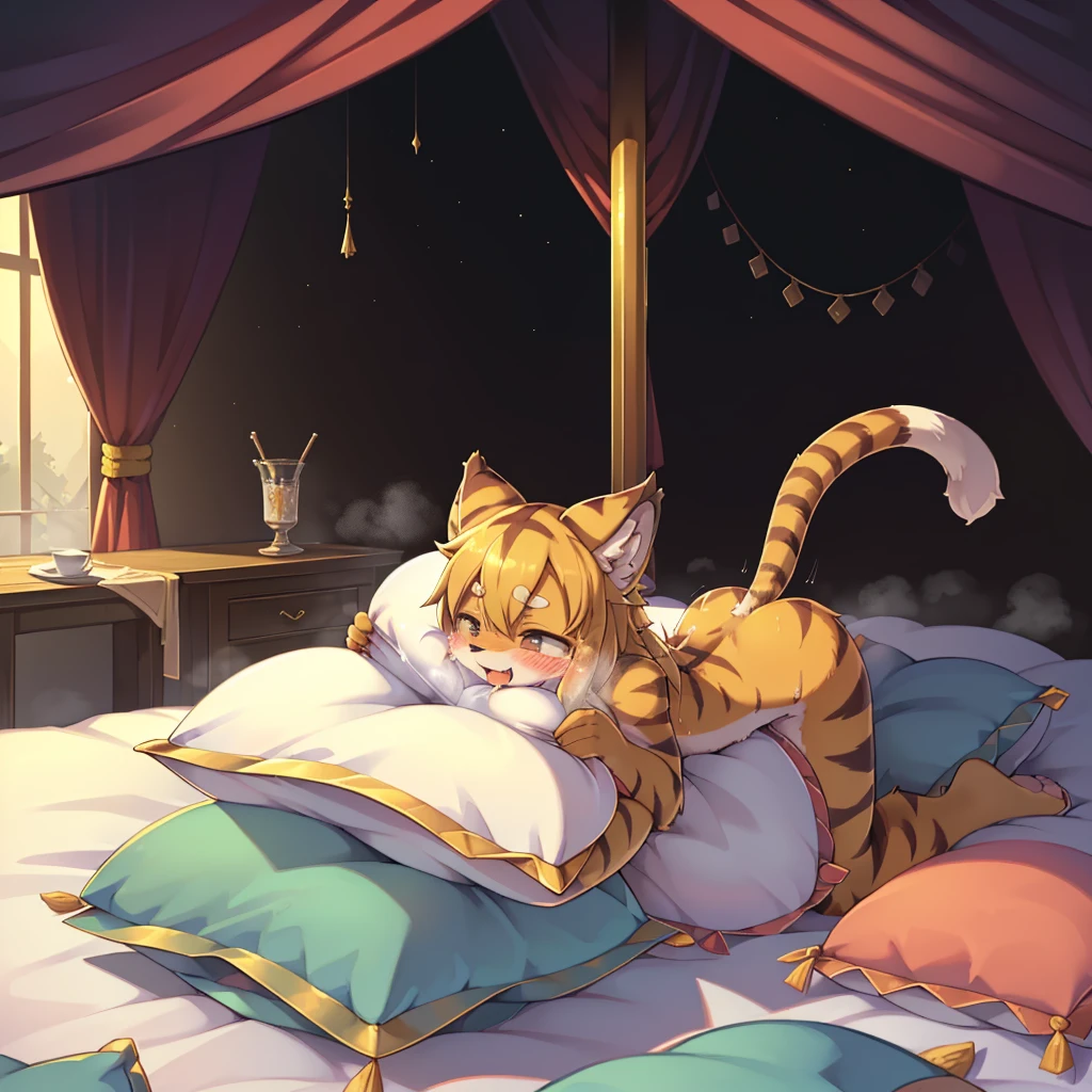 （masterpiece，best quality），my own, The Beast, , (适合任何Pillow背景的光影））, 穿着pajamas可爱女孩在Pillow上摆姿势 ，pajamas，Nature,, (blush),a smile，Pillow头,（很多Pillow），Soft cushion，（canopy bed），Soft pillow quotation，（Pillow损坏），很多Pillow，（Crotch rubbing），（（Pillow驼峰）），（Pillow），（A tail），，（粉色Pillow），（Love around the protagonist），Steam，（Pillow头），（），（豪华Pillow），（Pillow），（palace），（Palace bedroom），（Pillow），柔软的Pillow，，（Classical European style bedroom ），（excited，shy person，Lack of expressiveness，），，pillow humping,mia,tiger tail,tiger ears,Tiger pattern，，Sweat，，Sweaty，Body swing，身体Shaking lines，Shaking lines，best quality, masterpiece, ((Maximum resolution)), artwork, ，,,(Interior of the palace),(In the bedroom at night),(Deluxe Rococo Canopy King Bed),On a big and spacious bed,(the 女孩 is lying on the bed),Before bedtime,,,Luxurious curtains with ornate ruffles and ribbons surround the bed,((((There are many pillows piled on the bed)))),Detail of Quilt,Detailed bed sheets,Ruffled Bed Skirt,Deep Bed,Background with depth,pajamas , ((((大量的Pillow))))，peeing，squatting，water,urine,Shaking lines，wetting pillows,Flowing liquid，Violent body shaking，剧烈Shaking lines，详细的软Pillow,,（女孩正躺在许多柔软的Pillow上,周围有许多Pillow），(Pillow上有液体），Sweat，saliva，Urine