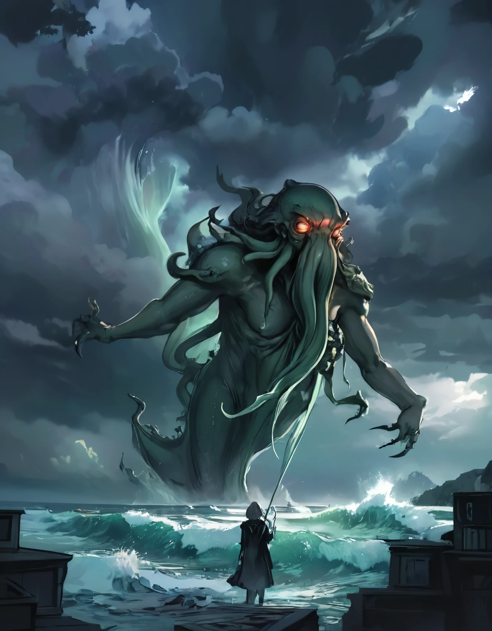 In the raging sea、A giant Cthulhu emerges。Amidst dark clouds and storms、The figure faintly illuminated by the moonlight is terror itself。Tentacles drifting among the waves、Fear and despair spread。