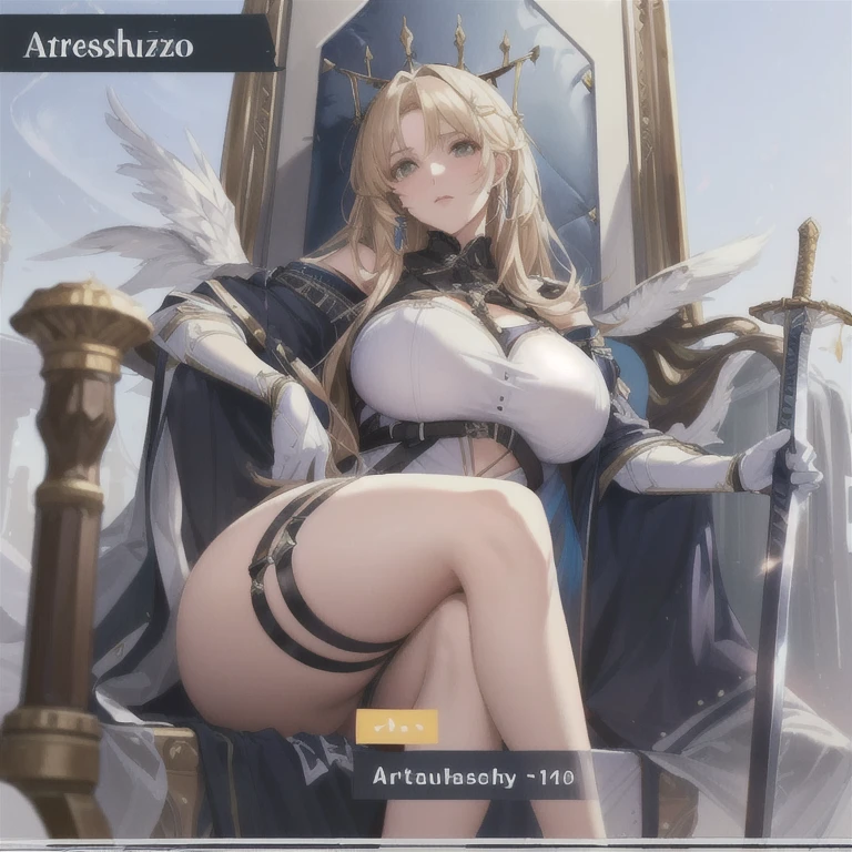A woman in sexy clothing sitting on a throne holding a sword, Aaron Alfredo, kushatkrentz women in critical art, From Arknights, Extremely detailed artger, from Girls' Frontline, Keqing from genshin impact, I'm going, fine details. Girls' Frontline, From the Azur Lane video game, Ayaka Genshin Impact, axonopughone,(((Full breasts,)))(((Large Breasts))) (((Cleavage))),,