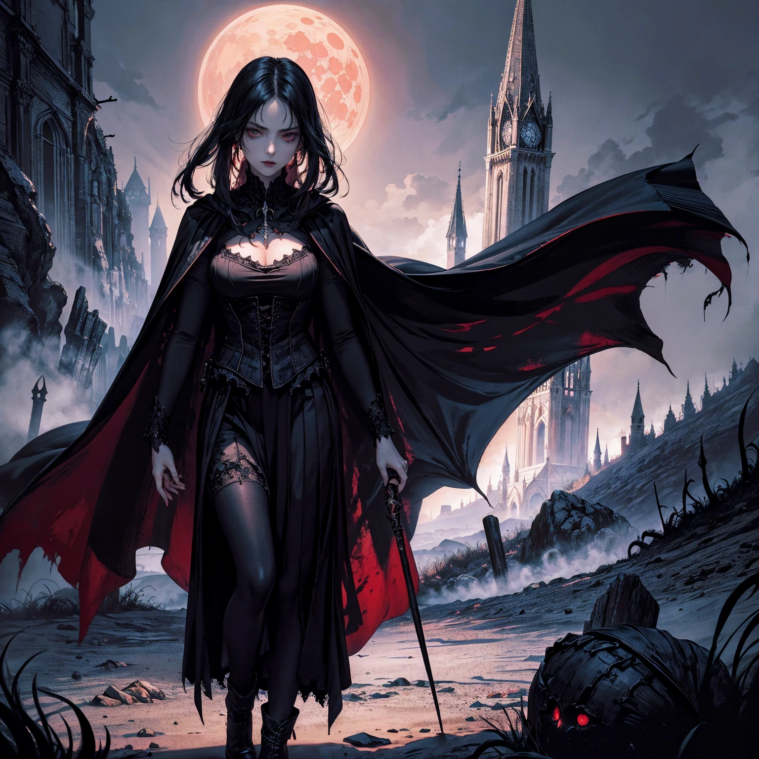best quality, 4k, high resolution, masterpiece:1.2, Very detailed, actual:1.37, Mood lighting, Girl in a long cape, Wearing a tight gothic skirt that shows a little skin above the chest, Dangerous sneer, Black Hair, Standing, Face facing the camera, Crucified, Pitch black sky, Blood-red moon, strange atmosphere, Gothic style, Unforgettable beauty, Dramatic shadows, Ethereal Light, Mysterious atmosphere.