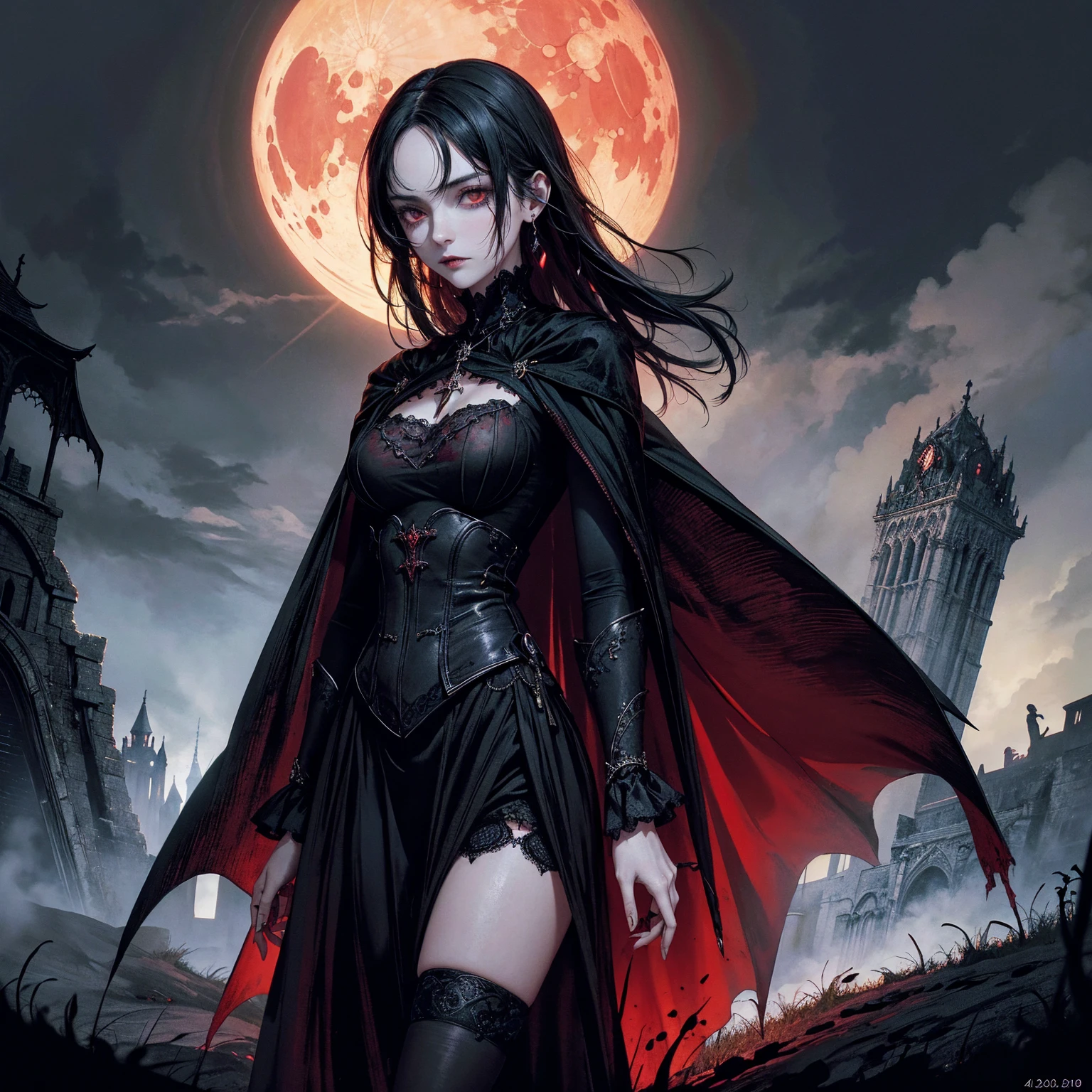 best quality, 4k, high resolution, masterpiece:1.2, Very detailed, actual:1.37, Mood lighting, Girl in a long cape, Wearing a tight gothic skirt that shows a little skin above the chest, Dangerous sneer, Black Hair, Standing, Face facing the camera, Crucified, Pitch black sky, Blood-red moon, strange atmosphere, Gothic style, Unforgettable beauty, Dramatic shadows, Ethereal Light, Mysterious atmosphere.