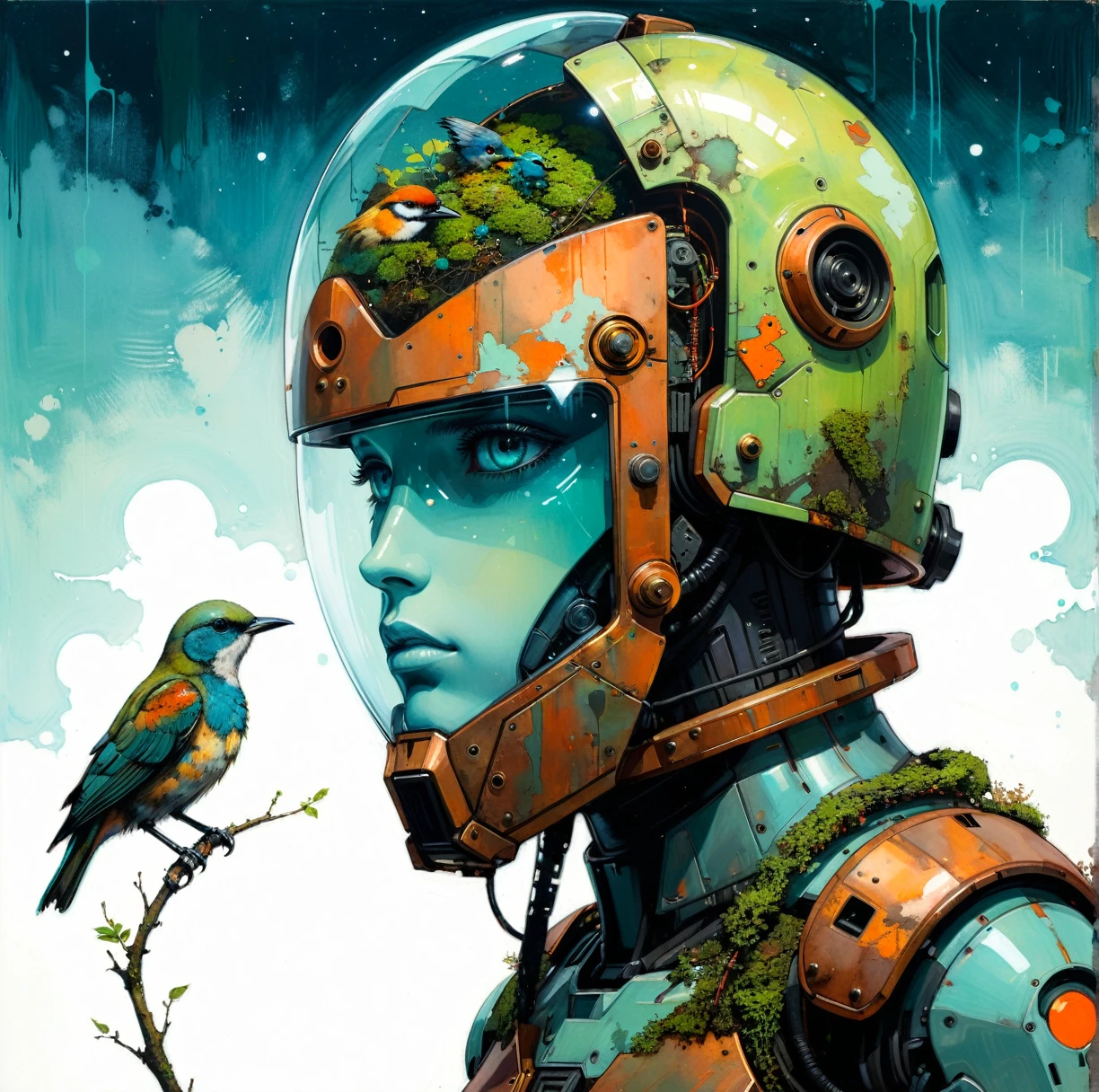 painting , drawing by Conrad Roset close up , reflections on helmet a giant robot looking at a bird stopped on its hand , (glass transparent helmet,there is no facial contour),bioluminescence,fluorescent helmet, the robot is aged with moss on its rusty bronze armor, night, moonlight shadows, dramatic lighting , gradient pop surrealism , pop art [(details:1.2): [ (many small details:1.3) : [ (many ultrasmall details: 1.2):(very detailed ultrasmall edges and microrelief:1.5):0.7 ]: 0.4 ] :0.2] BREAK
Detailed,(darkness:1.5),(very detailed shadows:1.5),absolute shadows,absolute darkness,body silhouette,