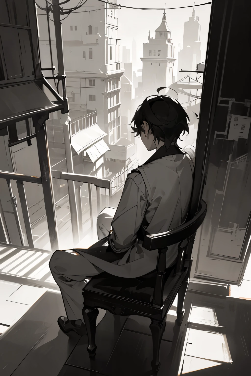 1 male, Man in his 30s, Artist, Sit on the platform, Monochrome background city, A stunning light coming from far away brightens the scene, paintbrush, Casts deep shadows on clothing, close, masterpiece, Monochrome、Back view、background、Fantasy、