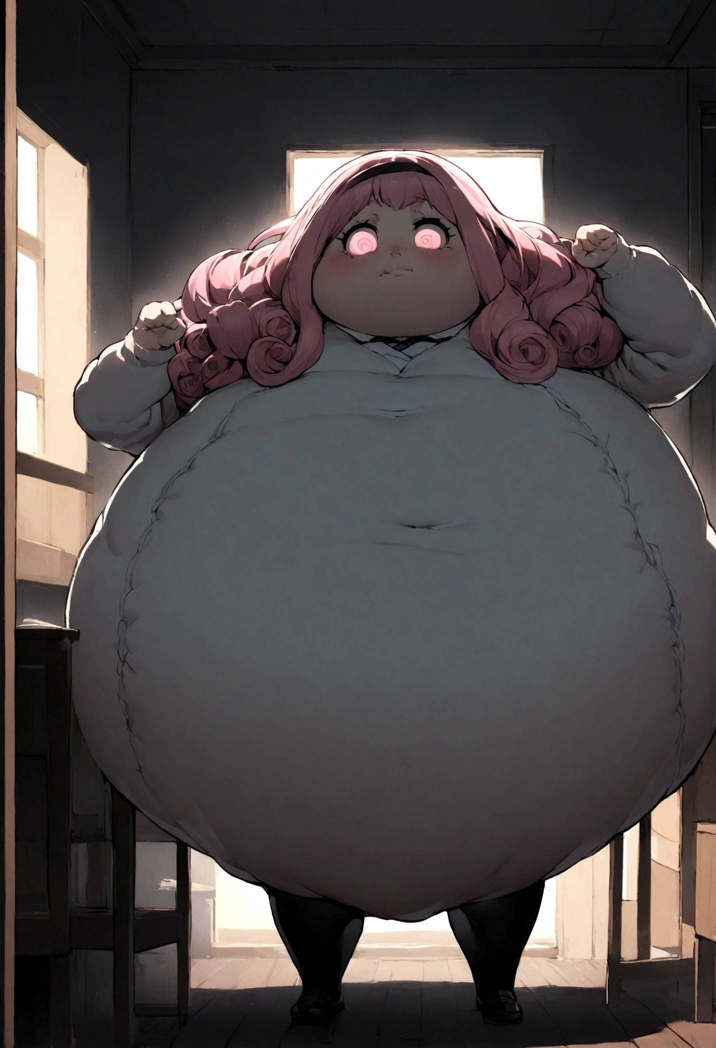 A young girl, Fat, Larger body, Chubby face with long, voluminous and curly bubblegun pink hair, Bulky and wavy with spider eyes wearing a Japanese high inside a classroom at night with a huge cobweb behind it