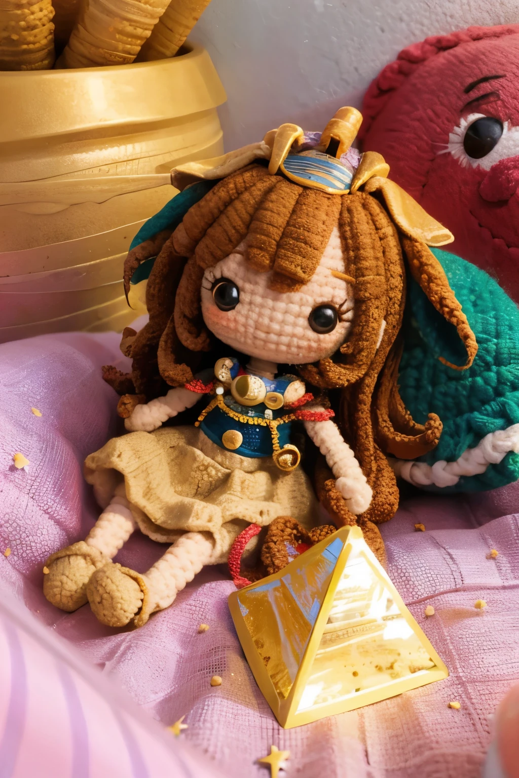 Photorealistic、Chibi Girl Doll(Visit the Egyptian Pyramids、smile、Adventurer Style)