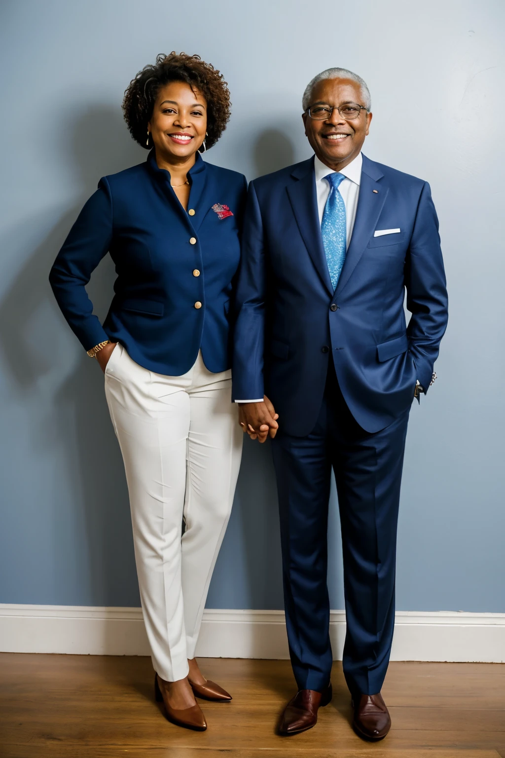 ((melhor qualidade)), ((Obra de arte)), (detalhado), create professional photography, full body photography of an African-American couple approximately 75 years old, executive clothing, blue color, hands, standing together, happy, showing successful posture, ultra hd, realistic photo.
