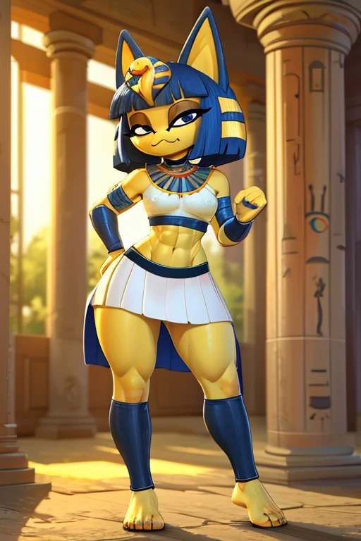((best quality)), ((masterpiece)), (detailed), perfect face, a digital artwork of a barefoot sexy Ankha with abs wearing a crop top of her white sleeveless dress outfit with white long skirt, a bare midriff and a bare navel, Egyptian setting, smug face,