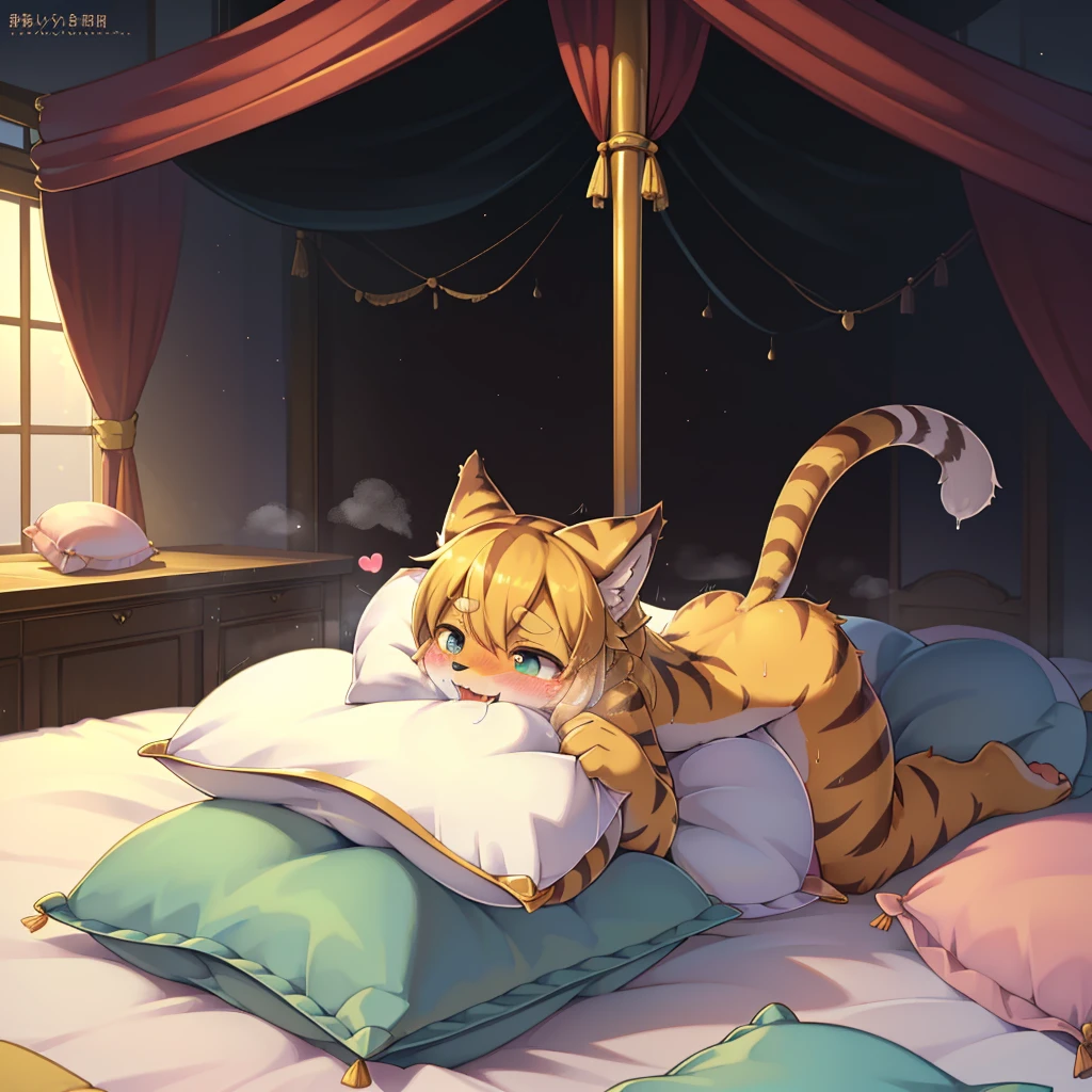 (masterpiece,best quality),my own, The Beast, , (适合任何Pillow背景的光影)), 穿着pajamas可爱女孩在Pillow上摆姿势 ,pajamas,Nature,, (blush),a smile,Pillow头,(很多Pillow),Soft cushion,(canopy bed),Soft pillow quotation,(Pillow损坏),很多Pillow,(Crotch rubbing),((Pillow驼峰)),(Pillow),(A tail),,(粉色Pillow),(Love around the protagonist),Steam,(Pillow头),(),(豪华Pillow),(Pillow),(palace),(Palace bedroom),(Pillow),柔软的Pillow,,(Classical European style bedroom ),(excited,shy person,Lack of expressiveness,),,pillow humping,mia,tiger tail,tiger ears,Tiger pattern,,Sweat,,Sweaty,Body swing,身体Shaking lines,Shaking lines,best quality, masterpiece, ((Maximum resolution)), artwork, ,,,(Interior of the palace),(In the bedroom at night),(Deluxe Rococo Canopy King Bed),On a big and spacious bed,(the 女孩 is lying on the bed),Before bedtime,,,Luxurious curtains with ornate ruffles and ribbons surround the bed,((((There are many pillows piled on the bed)))),Detail of Quilt,Detailed bed sheets,Ruffled Bed Skirt,Deep Bed,Background with depth,pajamas , ((((大量的Pillow)))),peeing,squatting,water,urine,Shaking lines,wetting pillows,Flowing liquid,Violent body shaking,剧烈Shaking lines,详细的软Pillow,,(女孩正躺在许多柔软的Pillow上,周围有许多Pillow),(Pillow上有液体),Sweat,saliva,Urine
