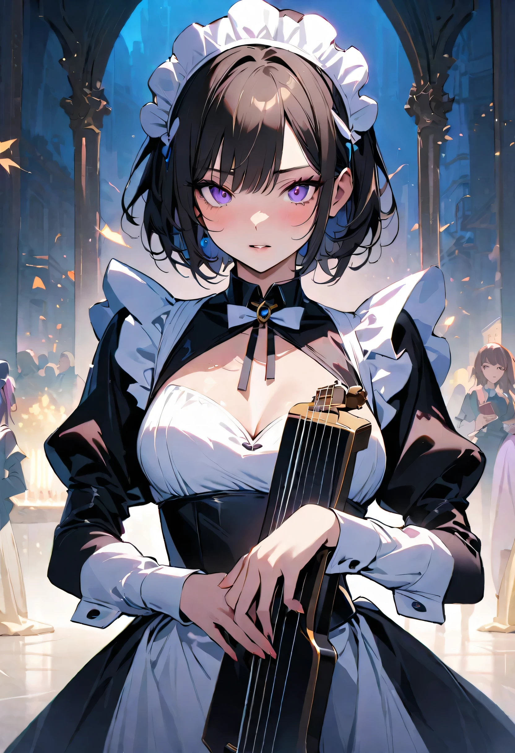 masterpiece, highest quality, Illustrations for novels, High resolution, 18+ Adult content, Sensual, Intimate, Emotional, Passionate, romantic, sweet, Adorable, Innocent, Pure, Fascinating, Fascinating, attractive, Mysterious, Fascinating, Fascinating, Immersive, Fascinating, dream-like, Surreal, Imaginative, Whimsical, artistic, Avant-garde, timeless, elegant, Sophisticated, chic, Sophisticated, Individuality, original, Fascinating,((Maid clothes:1.3)),(guitarist:1.3)、Female Band、Live、((Upper Body:1.3))