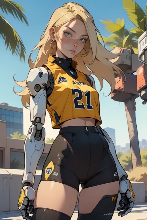 high quality, 4k, masterpiece, beautiful, cyborg girl, cowboy shot, dull eyes,  side on , turning around to look at viewer, long blonde hair, girl, small breasts, fit thigh, robotic arms, robotic legs, robotic body, cyborg body, yellow accent, red accent, intricate detail, joint, detailed lines, robotic detail, 1fist on hip, color robotic parts, robotic parts with color, perfect fingers,.transparent pvc basketball cropped vest.in a city park with trees, sunny background, colorful desert,