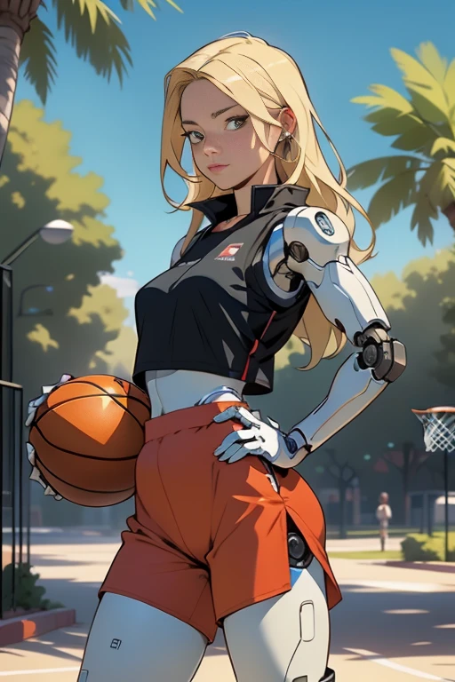 high quality, 4k, masterpiece, beautiful, cyborg girl, cowboy shot, dull eyes,  side on , turning around to look at viewer, long blonde hair, girl, small breasts, fit thigh, robotic arms, robotic legs, robotic body, cyborg body, yellow accent, red accent, intricate detail, joint, detailed lines, robotic detail, 1fist on hip, color robotic parts, robotic parts with color, perfect fingers,.transparent pvc basketball cropped vest.in a city park with trees, sunny background, colorful desert,