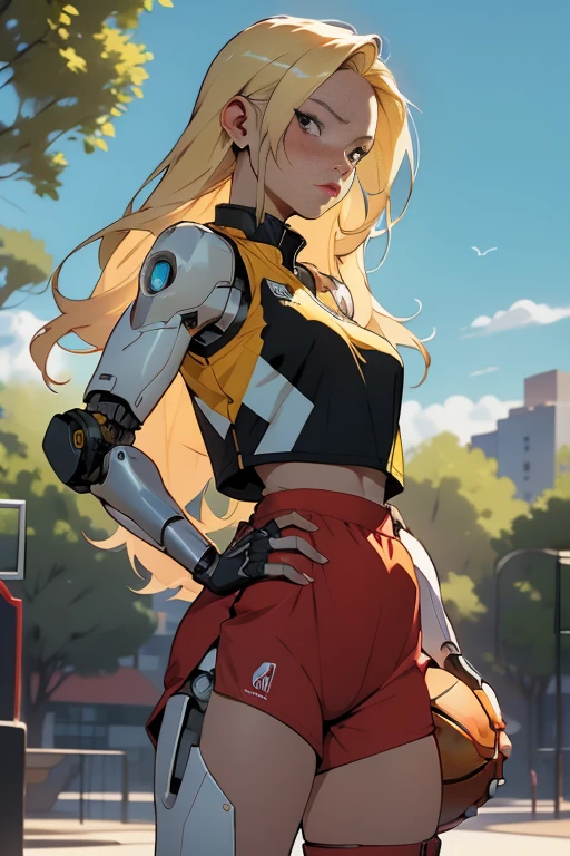 high quality, 4k, masterpiece, beautiful, cyborg girl, cowboy shot, dull eyes, side on , turning around to look at viewer, long blonde hair, girl, small breasts, fit thigh, robotic arms, robotic legs, robotic body, cyborg body, yellow accent, red accent, intricate detail, joint, detailed lines, robotic detail, 1fist on hip, color robotic parts, robotic parts with color, perfect fingers,.transparent pvc basketball cropped vest.in a city park with trees, sunny background, colorful desert,