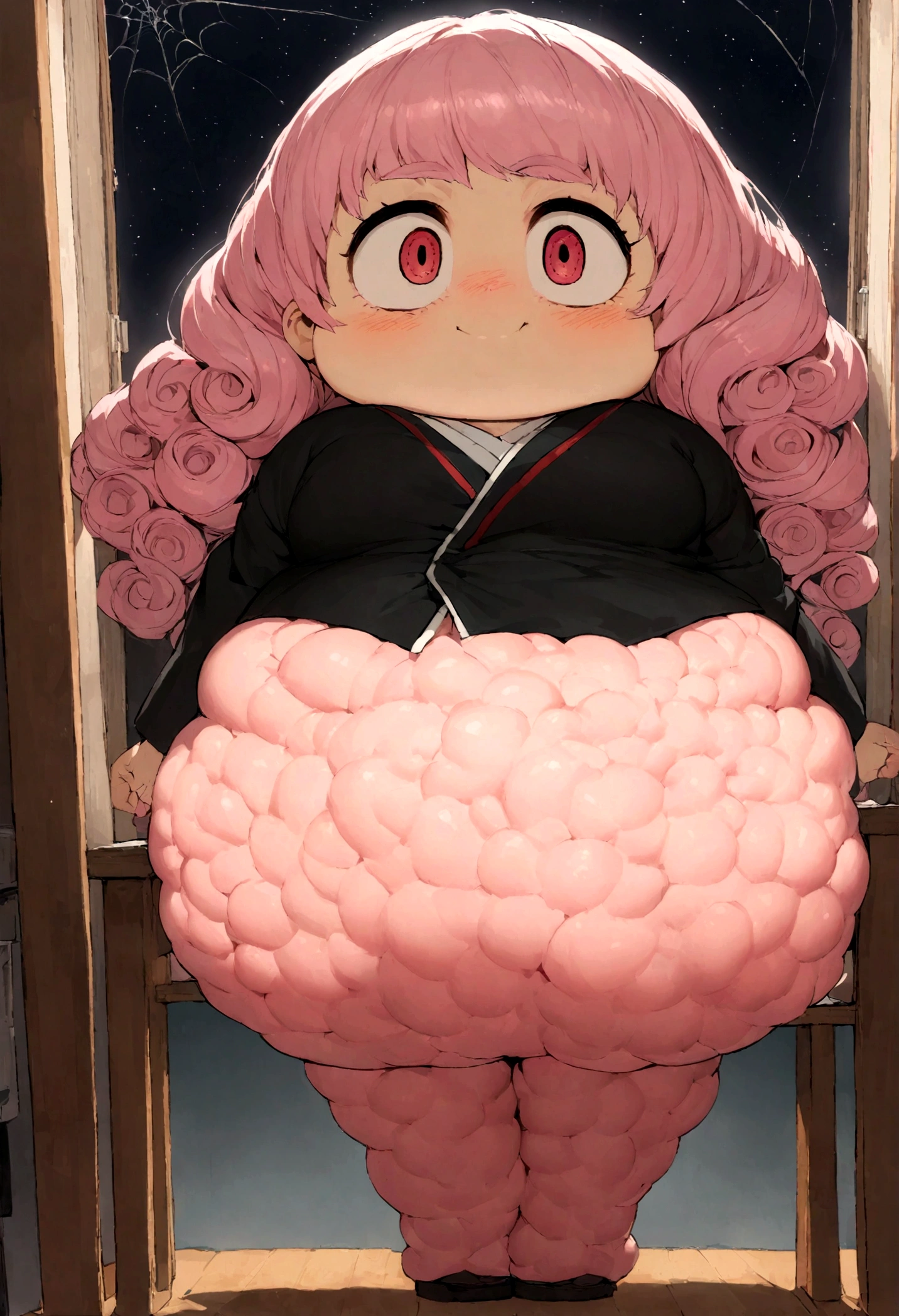 A young girl, chubby  body, Chubby face with long, voluminous and curly bubblegun pink hair, Bulky and wavy with spider eyes wearing a Japanese highschool uniform inside a classroom at night with a huge cobweb behind it
