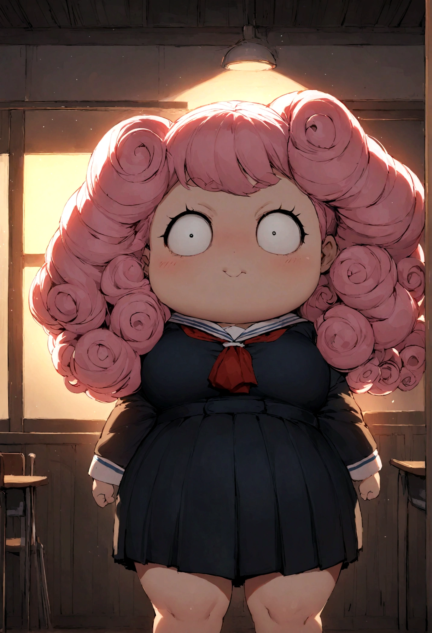 A young girl, chubby  body, Chubby face with long, voluminous and curly bubblegun pink hair, Bulky and wavy with spider eyes wearing a Japanese highschool uniform inside a classroom at night with a huge cobweb behind it
