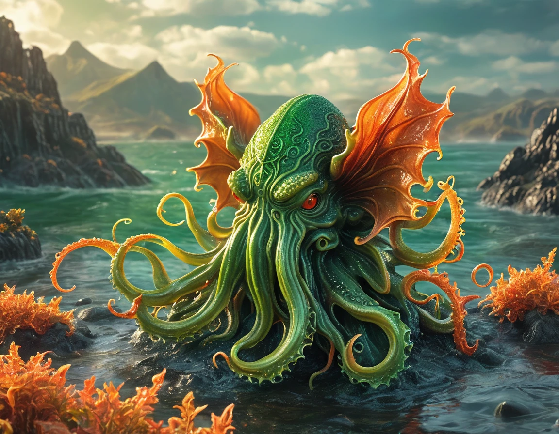 best quality, very good, 16K, ridiculous, Extremely detailed, Lovely(((Cthulhu:1.3)))，Made of transparent boiling lava, Background grassland（（A masterpiece full of fantasy elements）））， （（best quality））， （（Intricate details））（8k）