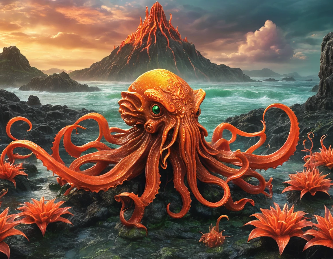 best quality, very good, 16K, ridiculous, Extremely detailed, Lovely(((Cthulhu:1.3)))，Made of transparent boiling lava, Background grassland（（A masterpiece full of fantasy elements）））， （（best quality））， （（Intricate details））（8k）