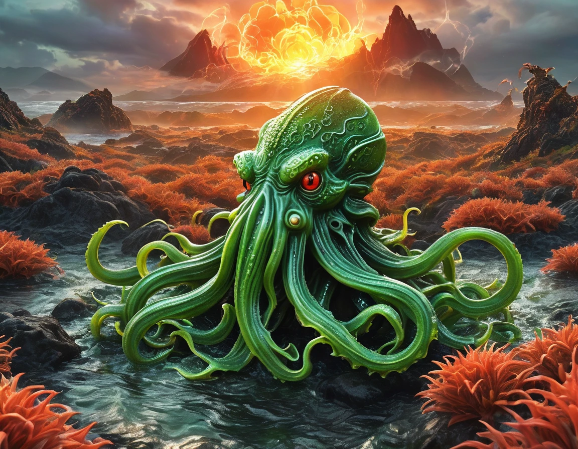 best quality, very good, 16K, ridiculous, Extremely detailed, Lovely(((Cthulhu:1.3)))，Made of transparent boiling lava, Background grassland（（A masterpiece full of fantasy elements）））， （（best quality））， （（Intricate details））（8k）