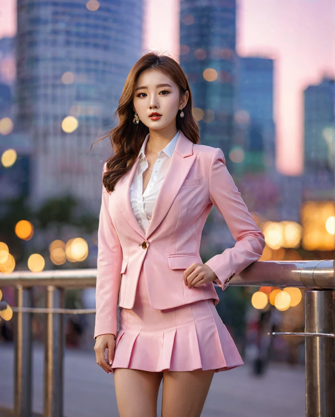 Full body of beautiful korean female, 30 inch breasts size, wearing pink suit, and short skirt, in the city, sunset light, bokeh background, UHD