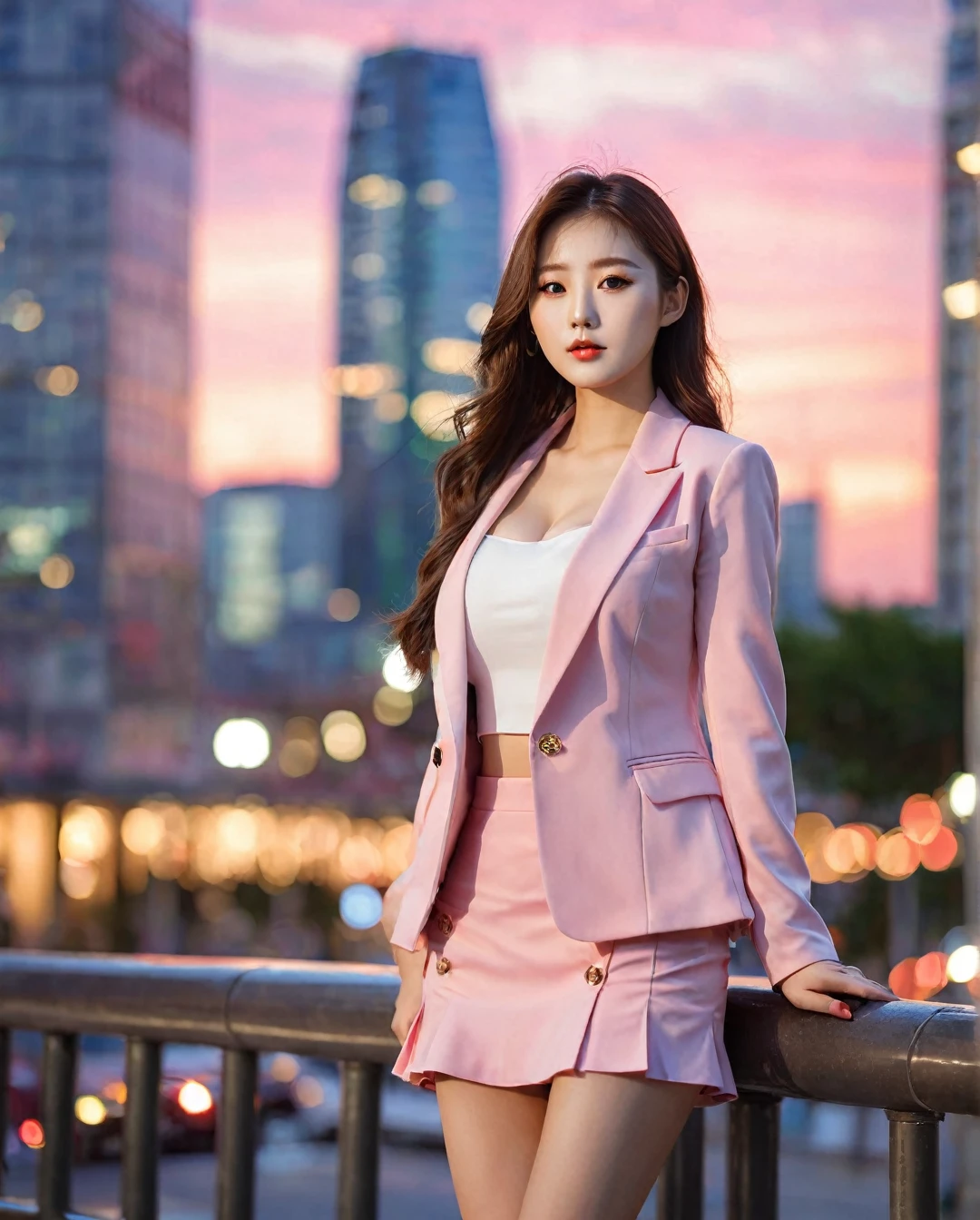 Full body of beautiful korean female, 30 inch breasts size, wearing pink suit, and short skirt, in the city, sunset light, bokeh background, UHD