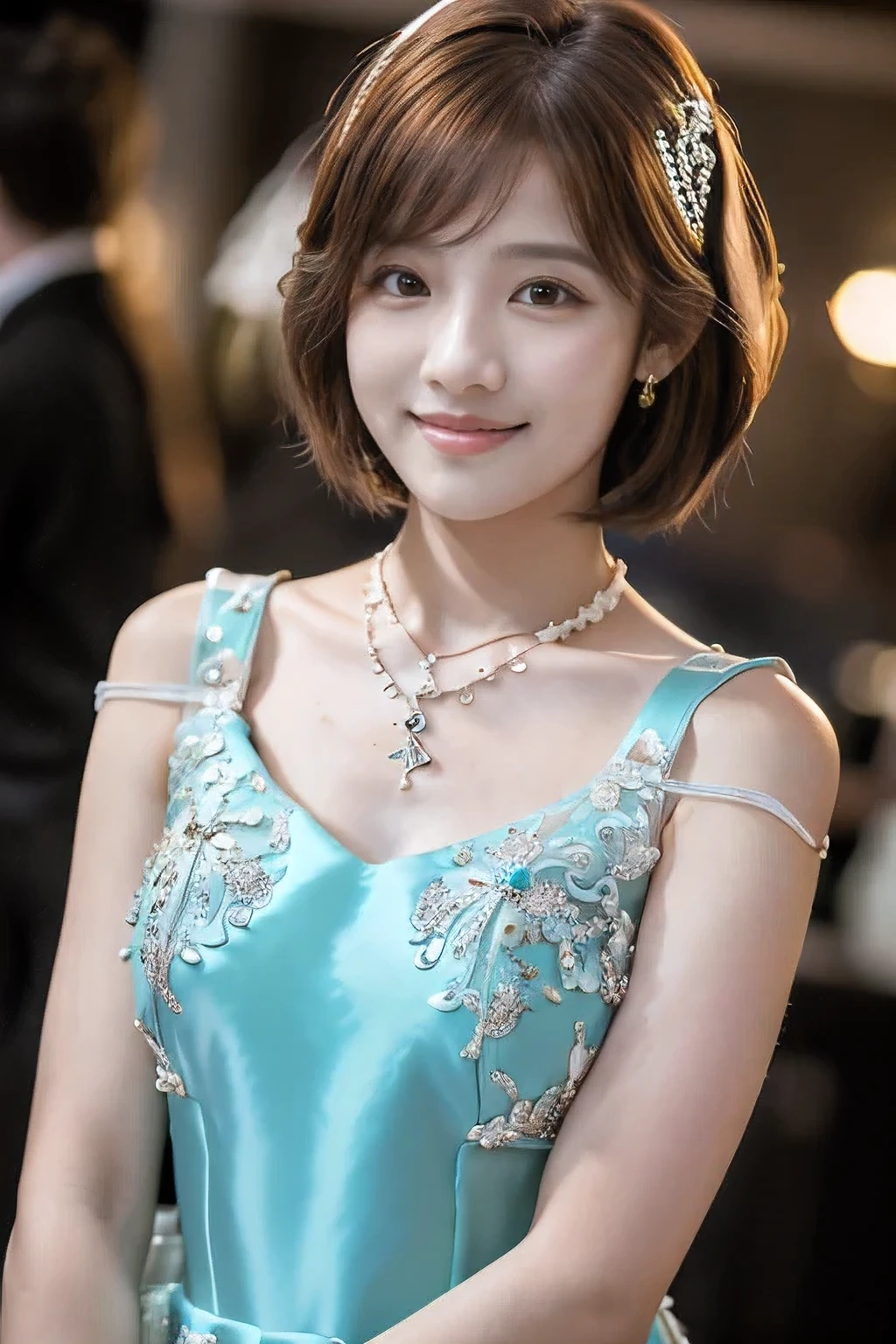 (An 18-year-old woman at a party:1.5)、(Gentle smile:1.2)、(The best quality at its best:1.4), (Super detailed), (Very detailed CG unified 16k), Beautiful woman with perfect figure: 1.4, Sharp focus: 1.2, Very detailed, High-quality RAW color photos, Professional photography, Great face and eyes, cosmetics, (Amazingly beautiful girl), ((Formal party dress:1.5)), Sexy posture,(View from below), Realistic movie faces, Full body long view from head to toe, Realistic, ((Realistic natural orange red hairstyle)), ( Short Bob Hair:1.5), (necklace:1.5)、, Very beautiful face, Perfect model beauty, Mouth swelling, Highly detailed face and skin texture, Fine grain, double eyelid, Medium chest, smile, (masterpiece), highest quality, High resolution, Very detailed, Blurred Background, Depth of written boundary, Cinema Lighting, Great legs, , Clear, well-maintained skin,