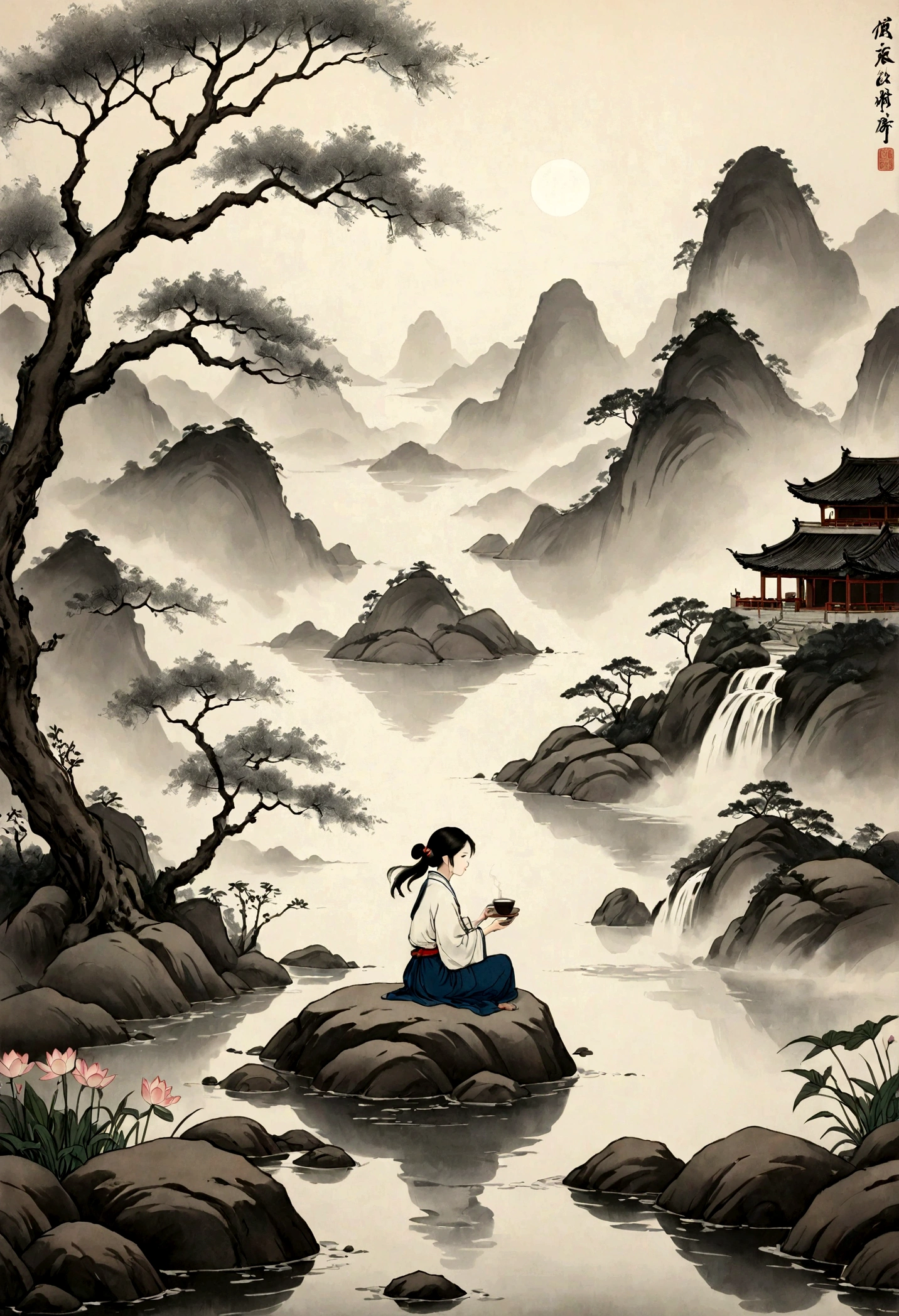(大量留white:1.5),white, white色背景, simple, Minimalism, abstract,Freehand,Aesthetic,Tai Chi,Gossip,黑与white,Taoist style,water墨画,antiquity,Lotus,Girl drinking tea,water墨画和water彩画,Drawing on rice paper,Use thick oned light inks to create light oned dark choneges oned layers,选择正确的墨water颜色,Such as deep black、Thick gray、Light coffee, ETC,express different situations oned atmospheres,Control the gradient oned tronesition of ink colors through the humidity oned consistency of the ink,Monte,water,Tree,Lake,desolate, desolate, ,black oned white tones,死Tree, 中国传统water墨画, Traditional Chinese Art, author:Guo Xi, author:Ma Yuoneyu, traditional Chinese painting, author:Xu Xi, author:Luo Mu, author:Yoneg Buzhi, author:Li Kelone, author:wisdom'one, water墨画 ) ) ) ), 中国water墨画, 中traditional Chinese painting风格
