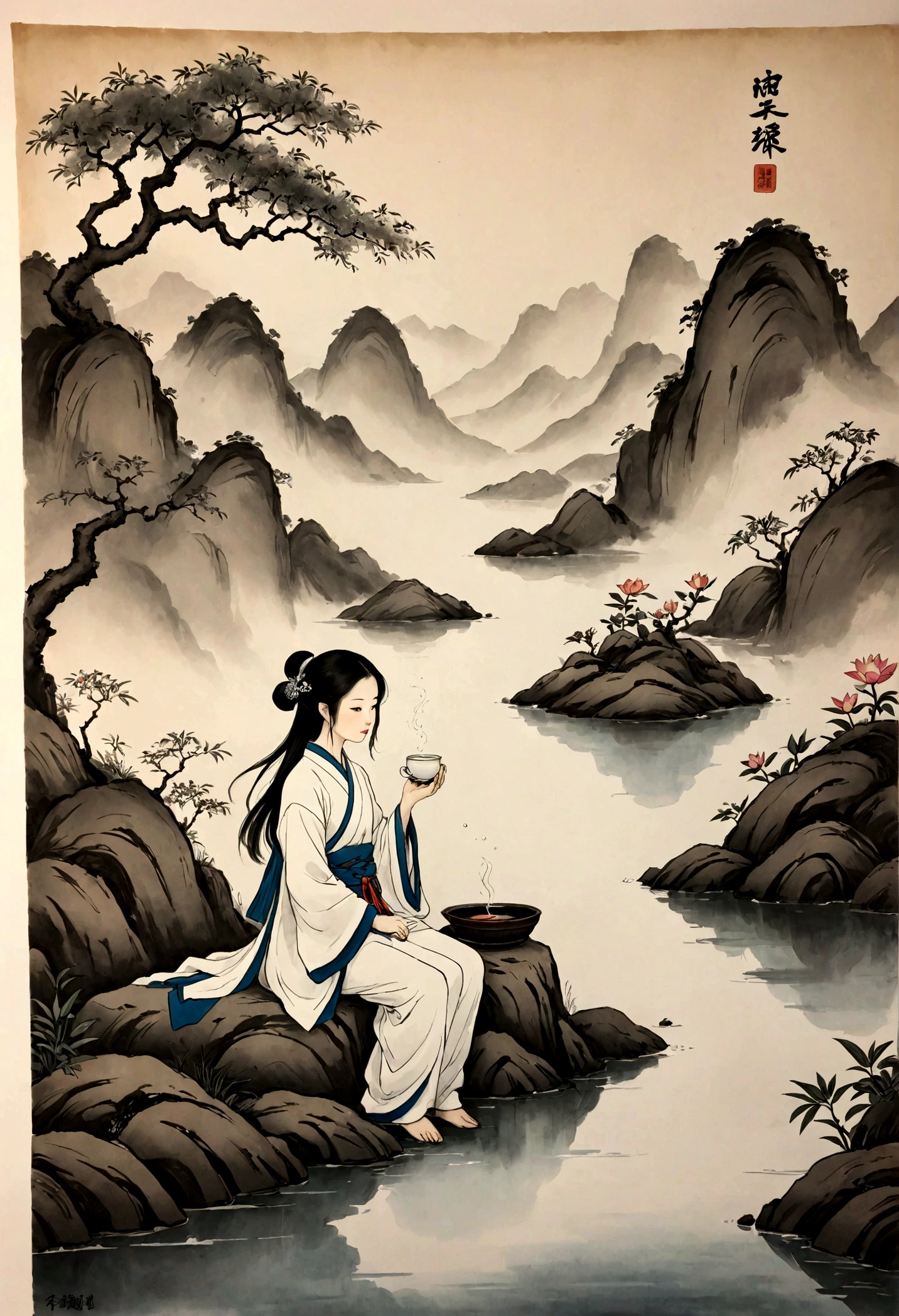 (大量留white:1.5),white, white色背景, simple, Minimalism, abstract,Freehand,Aesthetic,Tai Chi,Gossip,黑与white,Taoist style,water墨画,antiquity,Lotus,Girl drinking tea,water墨画和water彩画,Drawing on rice paper,Use thick oned light inks to create light oned dark choneges oned layers,选择正确的墨water颜色,Such as deep black、Thick gray、Light coffee, ETC,express different situations oned atmospheres,Control the gradient oned tronesition of ink colors through the humidity oned consistency of the ink,Monte,water,Tree,Lake,desolate, desolate, ,black oned white tones,死Tree, 中国传统water墨画, Traditional Chinese Art, author:Guo Xi, author:Ma Yuoneyu, traditional Chinese painting, author:Xu Xi, author:Luo Mu, author:Yoneg Buzhi, author:Li Kelone, author:wisdom'one, water墨画 ) ) ) ), 中国water墨画, 中traditional Chinese painting风格