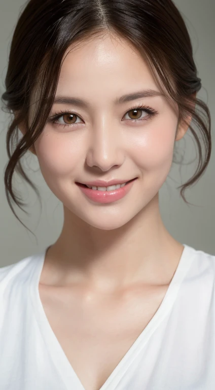 ((Best image quality, 8k, Masterpiece of:1.3)), 1 huge big breast, beautiful woman with slim abs:1.3, (Casual Hairstyles, :1.2), White shirt,Ultra-fine face, Detailed eyes, double eyelid,smile,Take a photo with a cute pose,Very bad shape,Narrow waist,Busty,close,close chest,White skin,Beautiful views