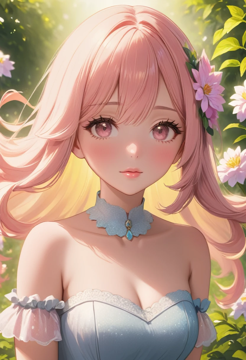 blonde hair, hair behind ear, hime cut, long hair, hair flower, head wreath, gradient_eyes, tareme, longeyelashes, anime, first-person view, 8k, highres, best quality