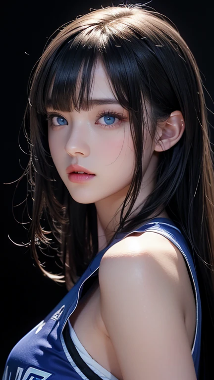 masterpiece, highest quality, Very detailed, To the camera, 複雑に詳細なVery detailed, Realistic, Sharp features, Very detailed, Sharp focus, Perfect Face, Perfect Face, Perfect symmetry and perfect eyes, Perfect Plump Lips, Flexible female form, Cinematic, Film Light, Very detailed, hyper Realistic, masterpiece, Atmospheric, High resolution, Vibrant, Dynamic Studio Lighting, ((Dark Background)), The expression when enduring pleasure, Straight bangs, 、blue eyes、Basketball Uniforms、