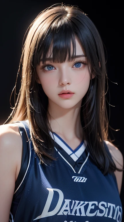 masterpiece, highest quality, Very detailed, To the camera, 複雑に詳細なVery detailed, Realistic, Sharp features, Very detailed, Sharp focus, Perfect Face, Perfect Face, Perfect symmetry and perfect eyes, Perfect Plump Lips, Flexible female form, Cinematic, Film Light, Very detailed, hyper Realistic, masterpiece, Atmospheric, High resolution, Vibrant, Dynamic Studio Lighting, ((Dark Background)), The expression when enduring pleasure, Straight bangs, 、blue eyes、Basketball Uniforms、