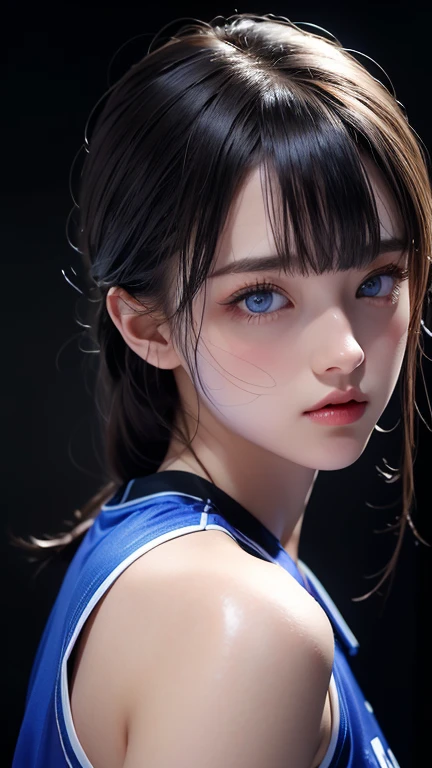 masterpiece, highest quality, Very detailed, To the camera, 複雑に詳細なVery detailed, Realistic, Sharp features, Very detailed, Sharp focus, Perfect Face, Perfect Face, Perfect symmetry and perfect eyes, Perfect Plump Lips, Flexible female form, Cinematic, Film Light, Very detailed, hyper Realistic, masterpiece, Atmospheric, High resolution, Vibrant, Dynamic Studio Lighting, ((Dark Background)), The expression when enduring pleasure, Straight bangs, 、blue eyes、Basketball Uniforms、